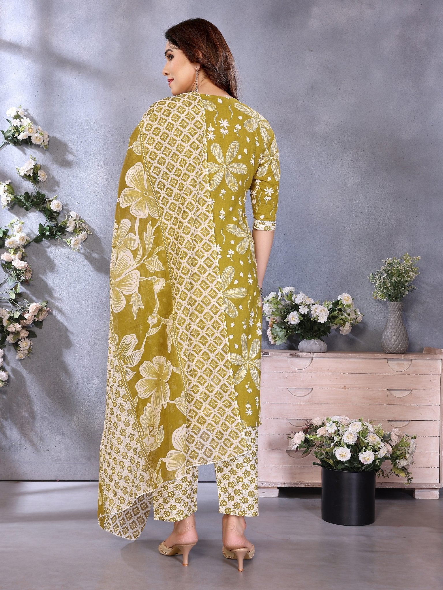 Ethnic Mustard Cotton Blend Printed Kurta Set — back view with dupatta — Banwaree India