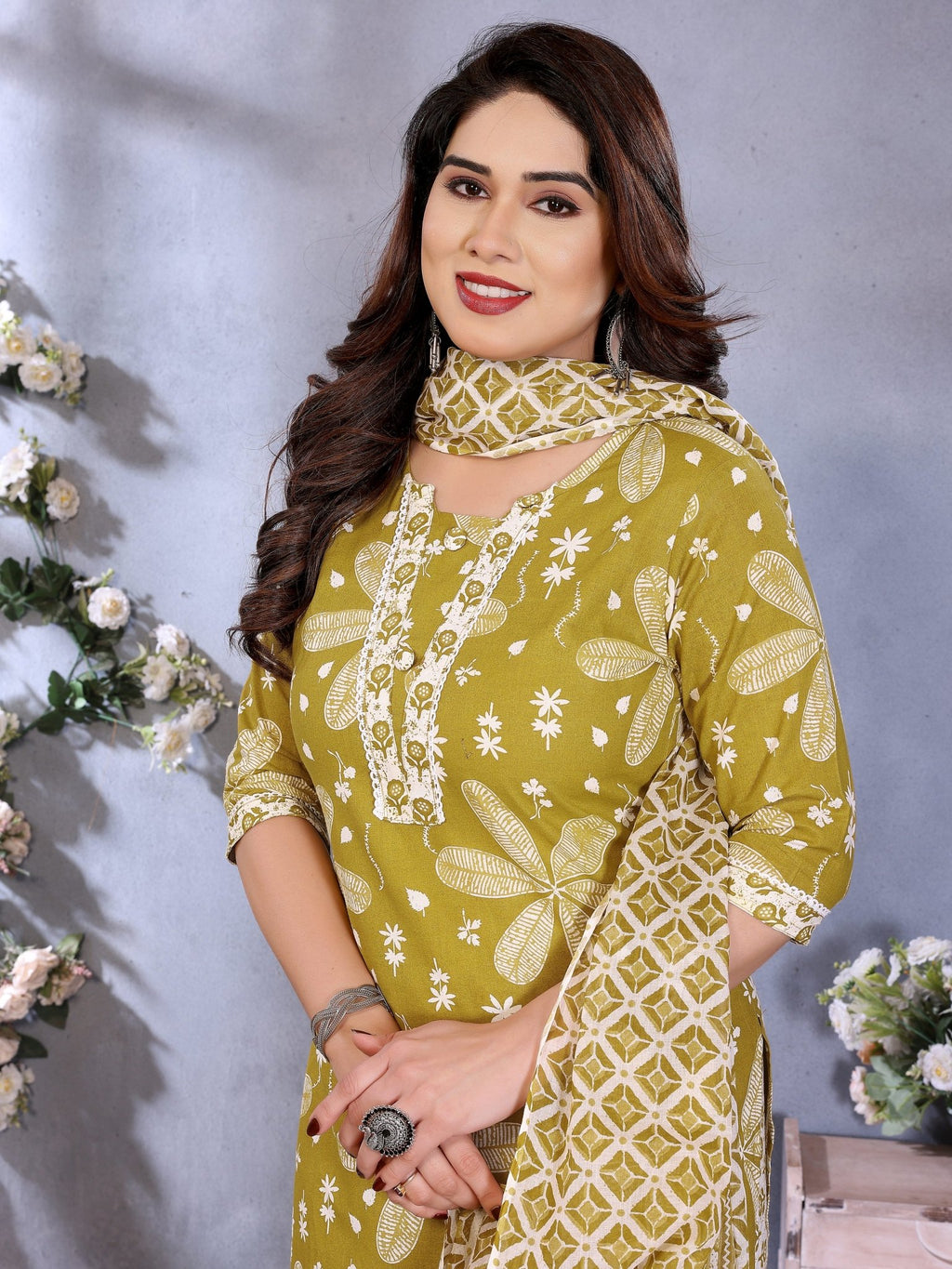 Ethnic Mustard Cotton Blend Printed Kurta Set — fabric detail — Mustard breathable cotton blend