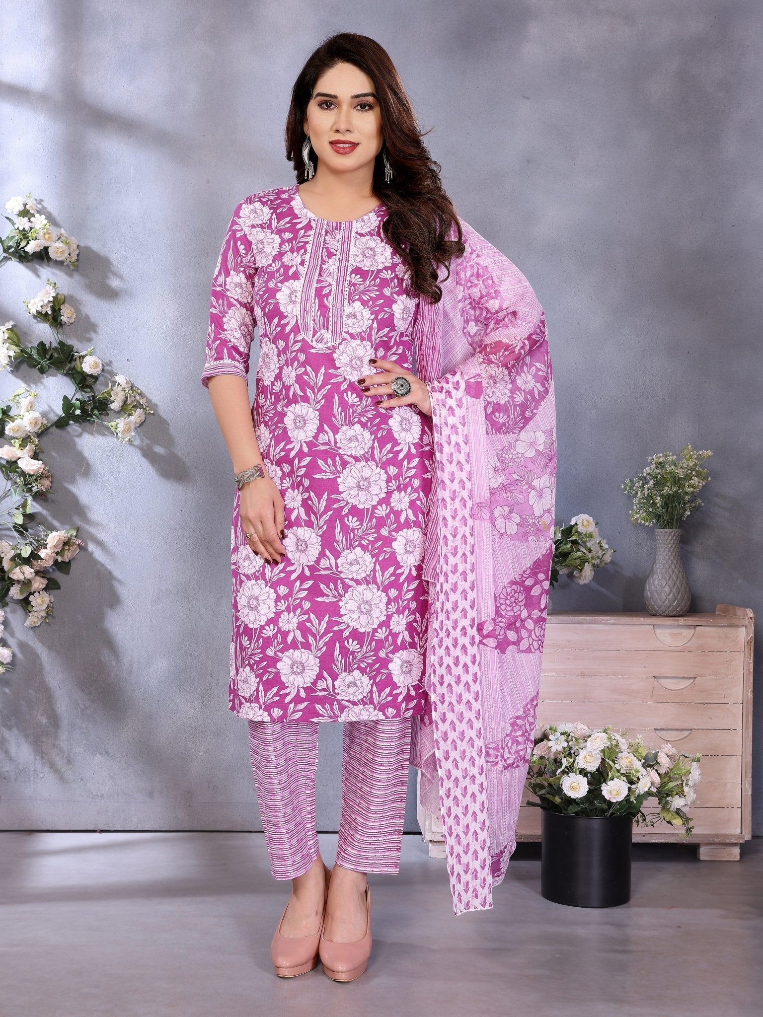 Purple Cotton Blend Kurta Set — front view — pure cotton ethnic wear women