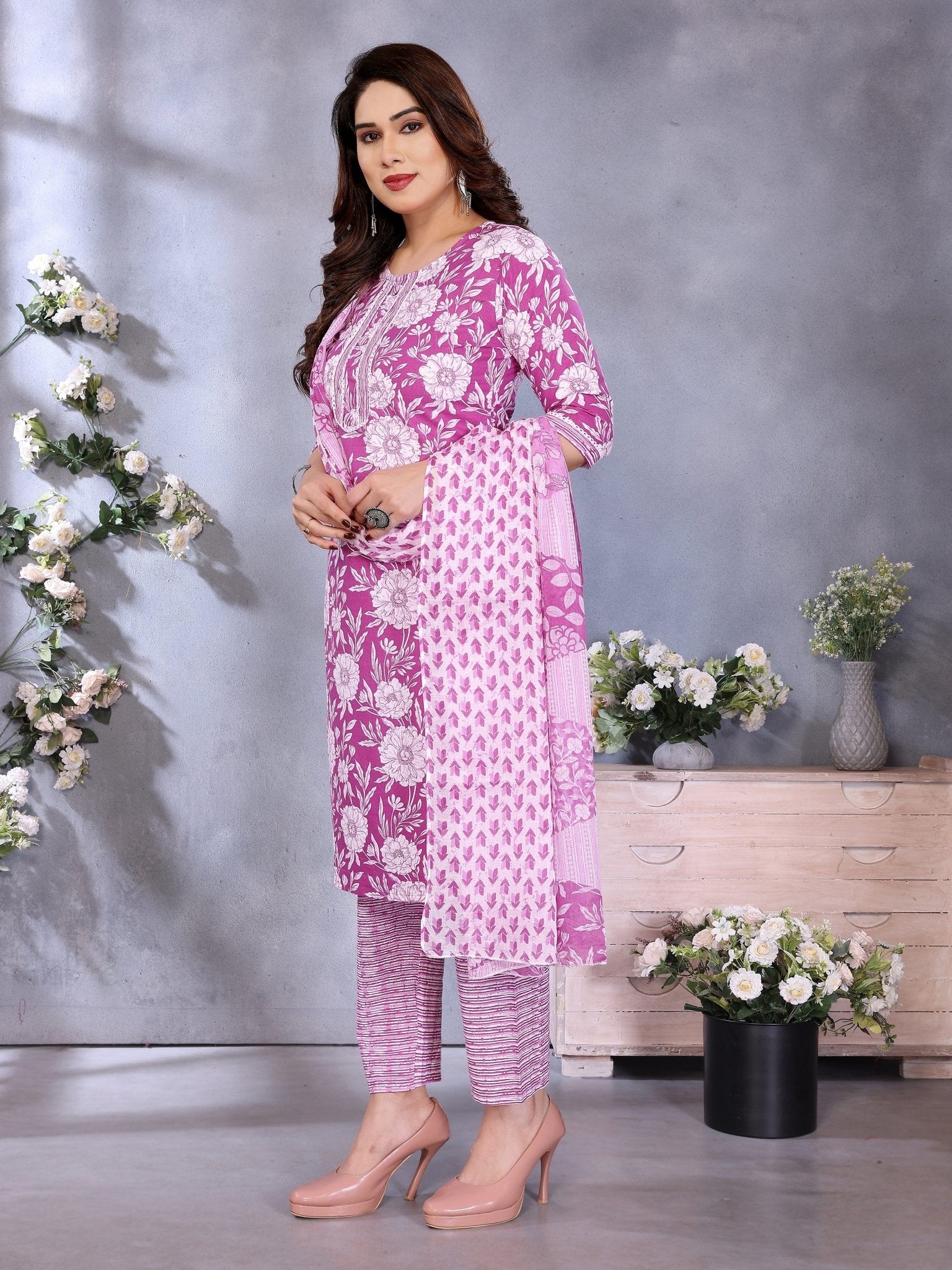 Purple Cotton Blend Kurta Set — side view — Purple Cotton Blend women — Banwaree