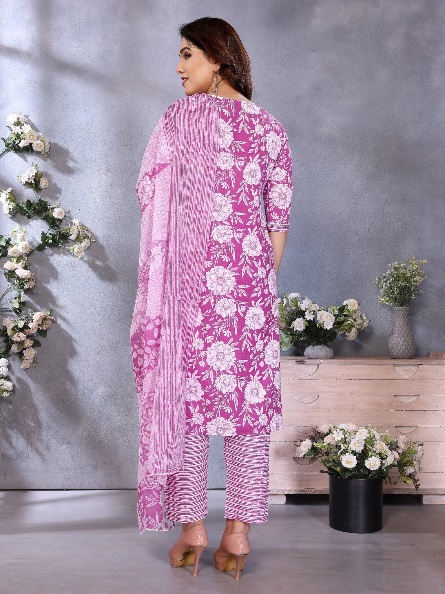 Purple Cotton Blend Kurta Set — back view with dupatta — Banwaree India