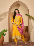 Yellow Pure Silk Designer Yoke Kurta Set — front view — festive silk kurti with dupatta