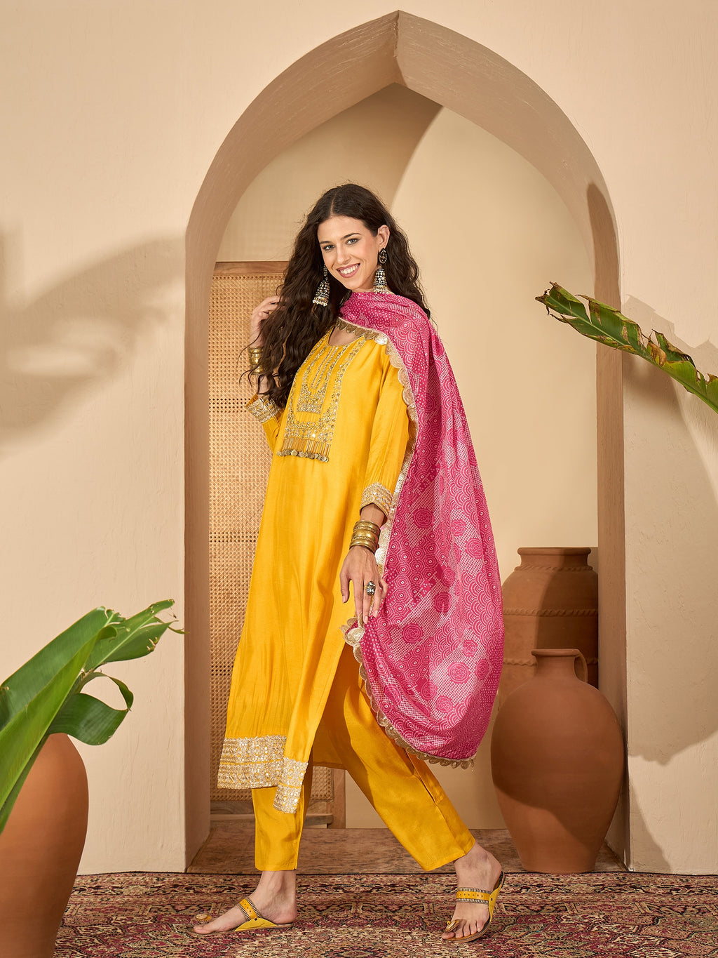 Yellow Pure Silk Designer Yoke Kurta Set — side view — Yellow Pure Silk women — Banwaree