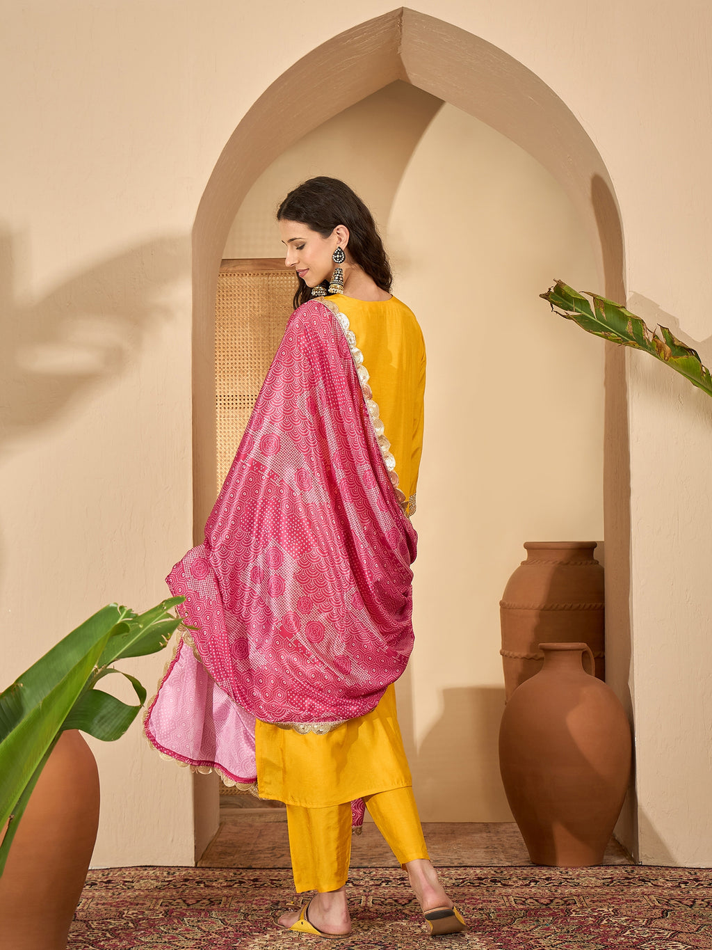 Yellow Pure Silk Designer Yoke Kurta Set — back view with dupatta — Banwaree India