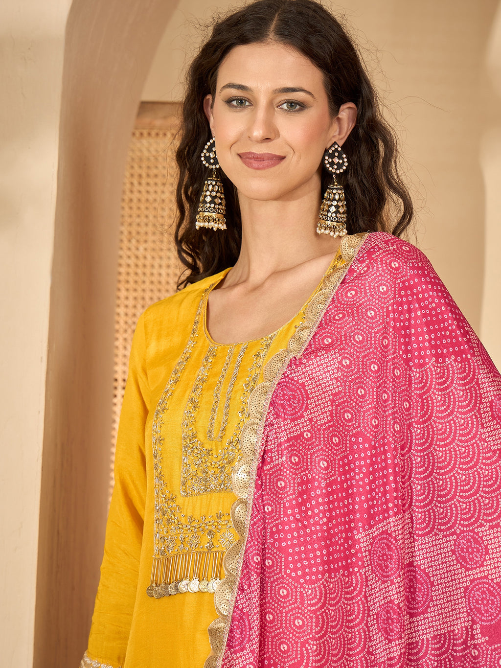 Yellow Pure Silk Designer Yoke Kurta Set — fabric detail — Yellow traditional pure silk