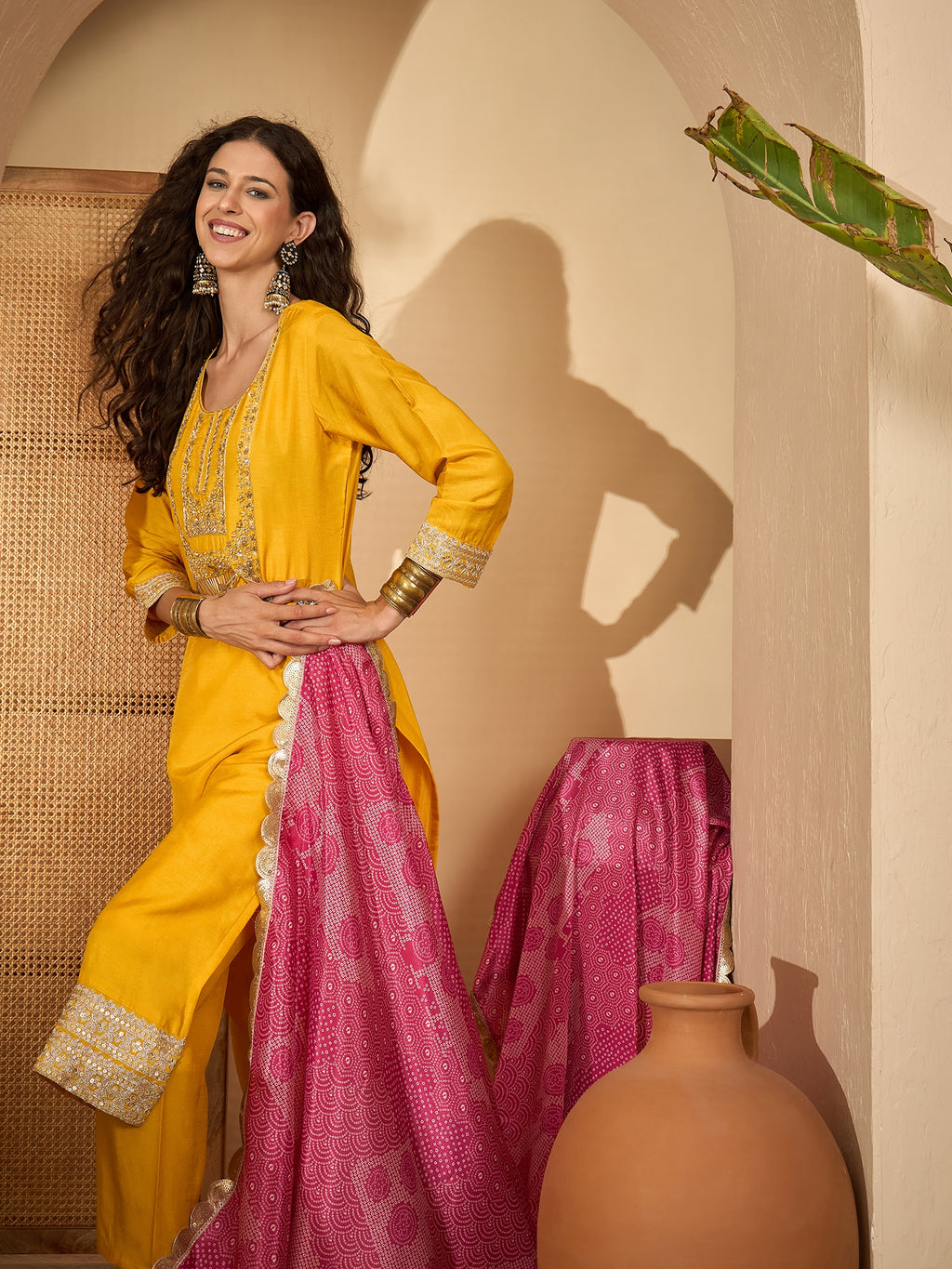 Yellow Pure Silk Designer Yoke Kurta Set — festive styling — rich pure silk — Banwaree