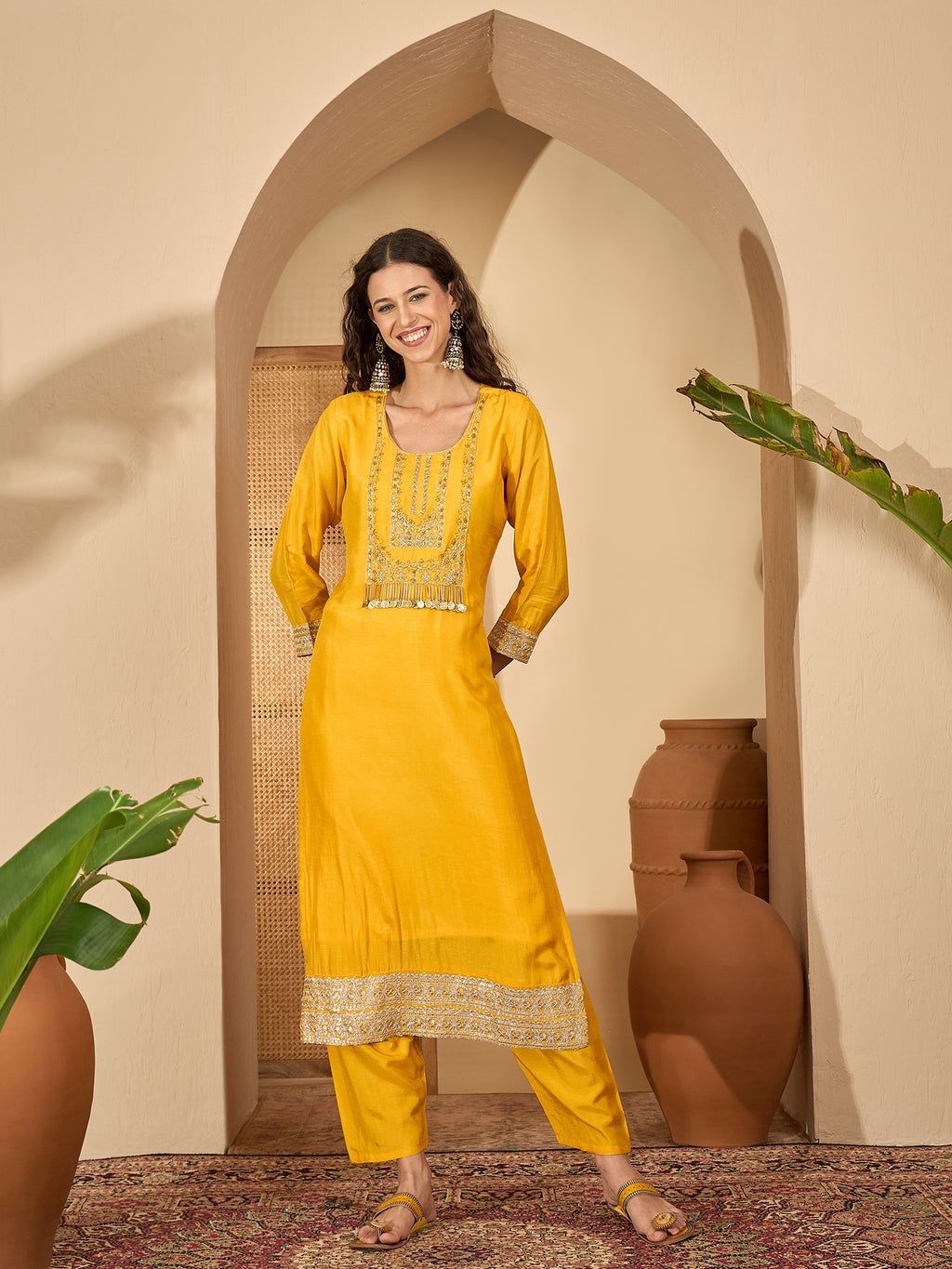Yellow Pure Silk Designer Yoke Kurta Set — complete 3-piece set — Yellow Pure Silk