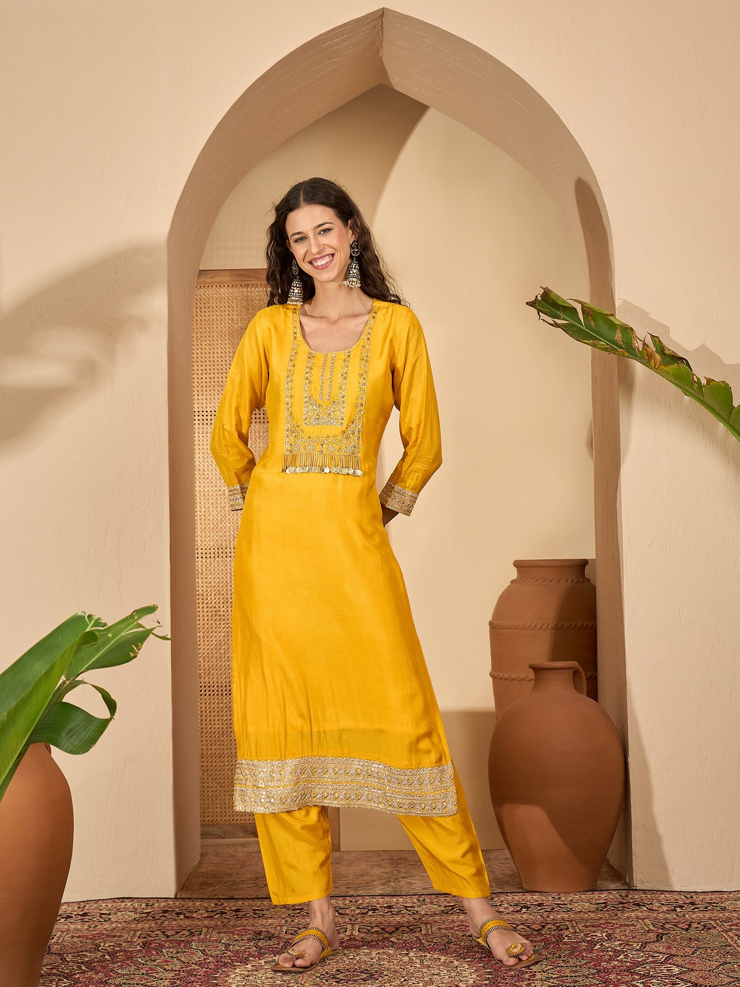 Yellow Pure Silk Designer Yoke Kurta Set — complete 3-piece set — Yellow Pure Silk