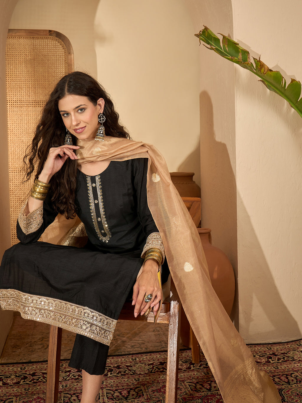 Black Yoke Neck Pure Silk Kurta Set — side view — Black Pure Silk women — Banwaree