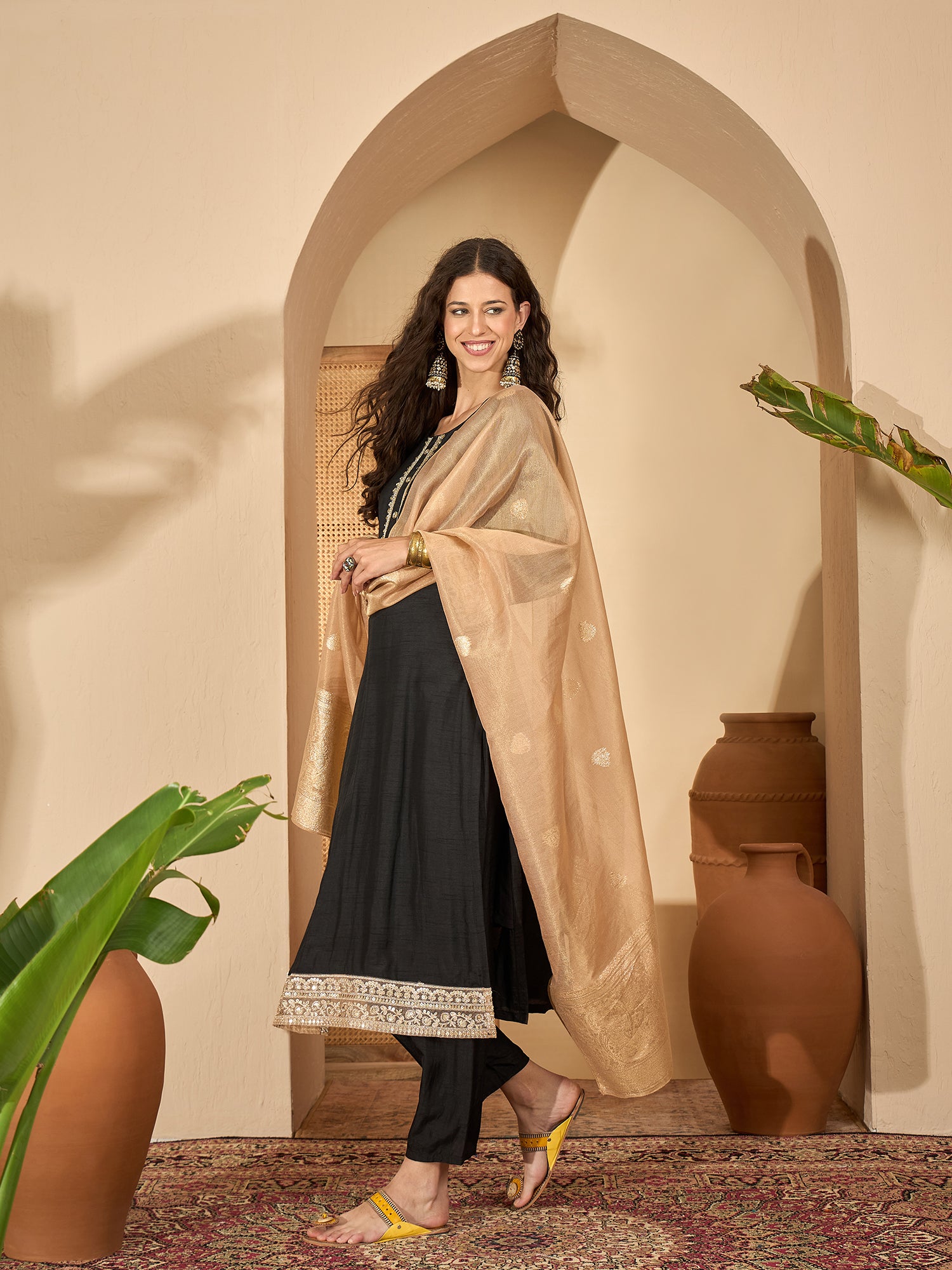 Black Yoke Neck Pure Silk Kurta Set — back view with dupatta — Banwaree India