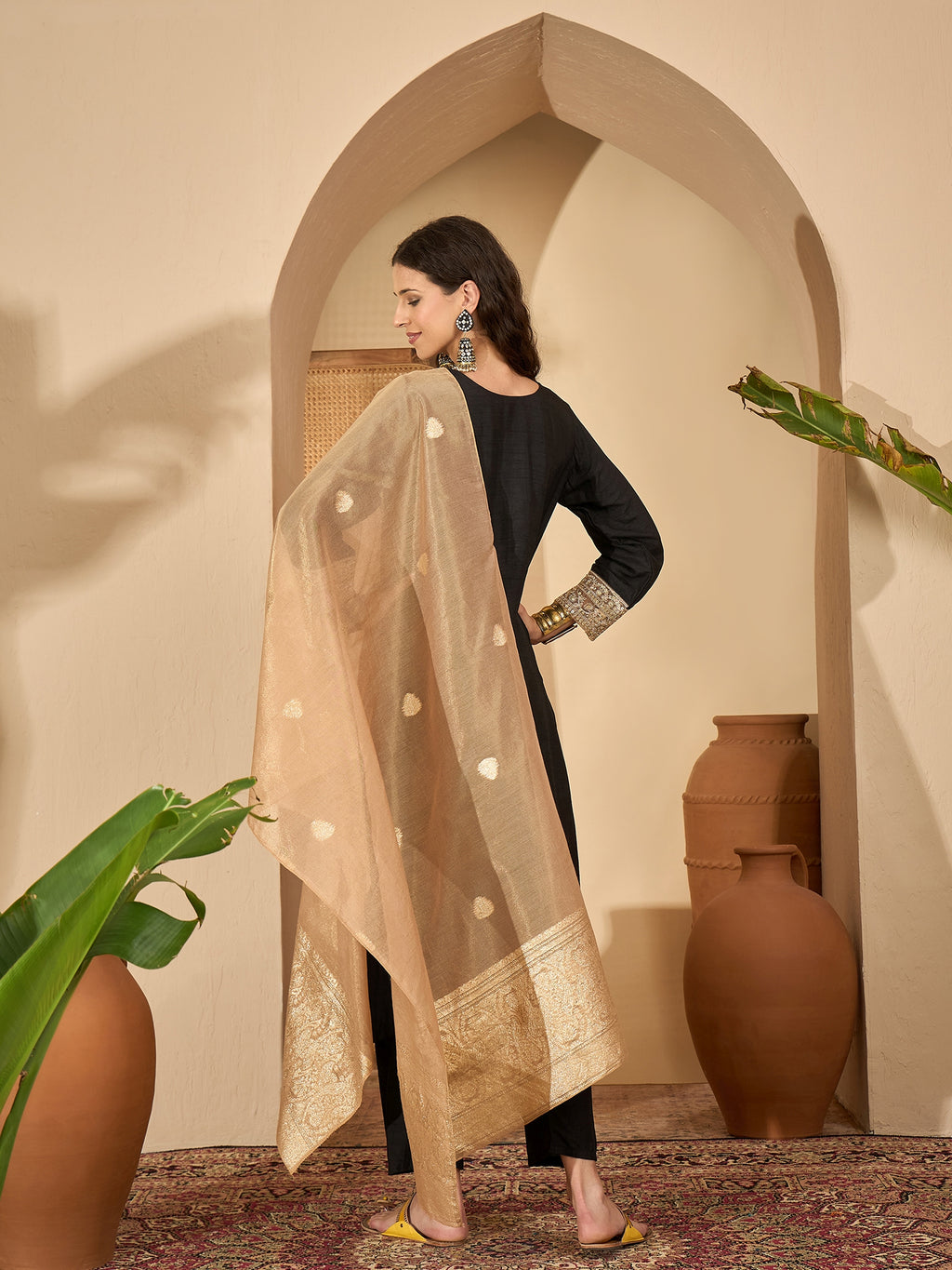 Black Yoke Neck Pure Silk Kurta Set — fabric detail — Black traditional pure silk