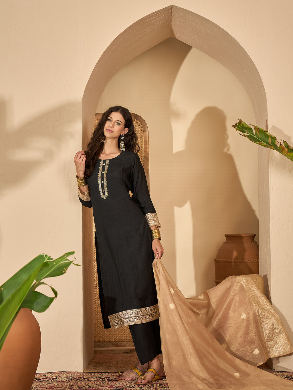Black Yoke Neck Pure Silk Kurta Set — complete 3-piece set — Black Pure Silk