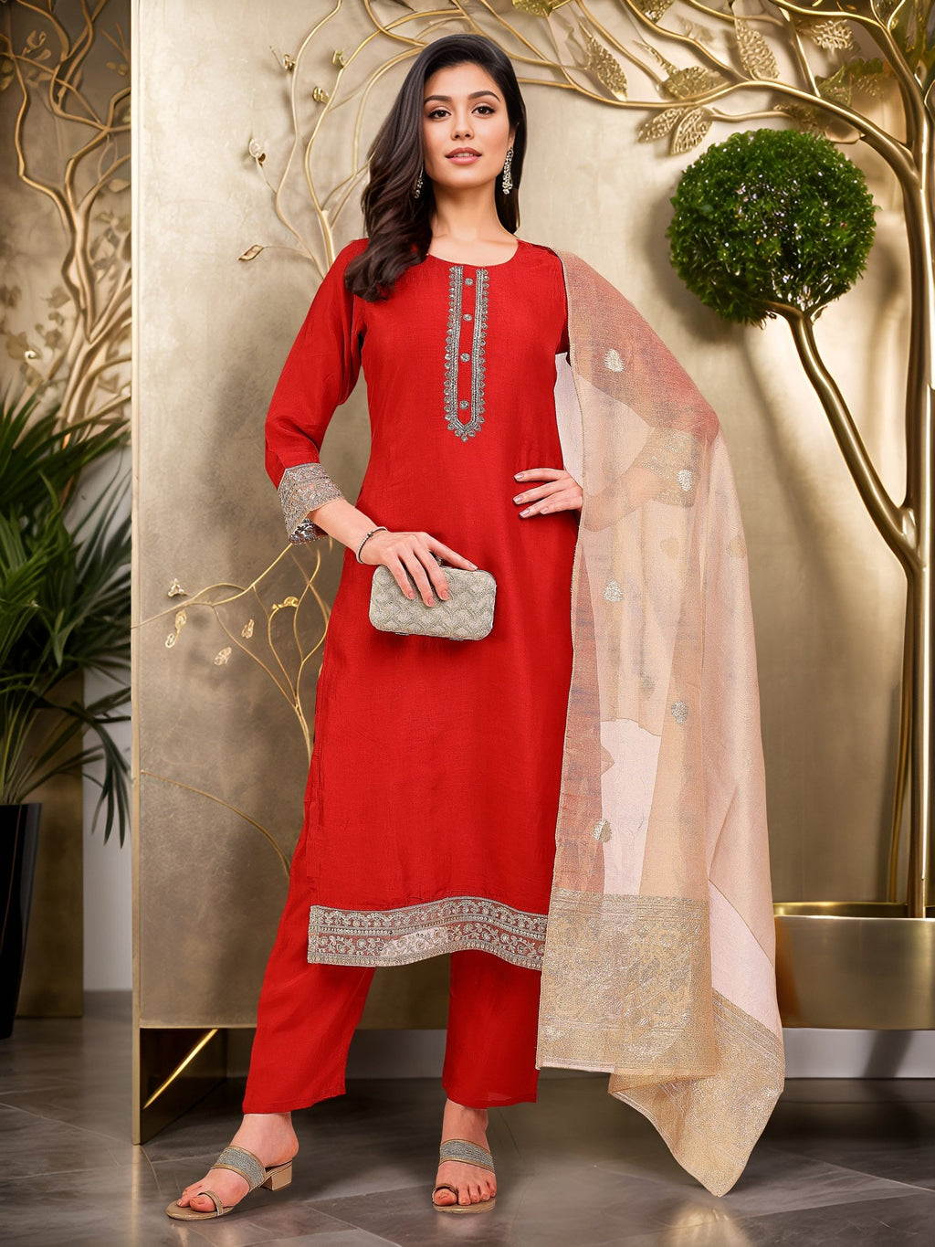 Red Embroidered Kurta Set — front view — festive silk kurti with dupatta