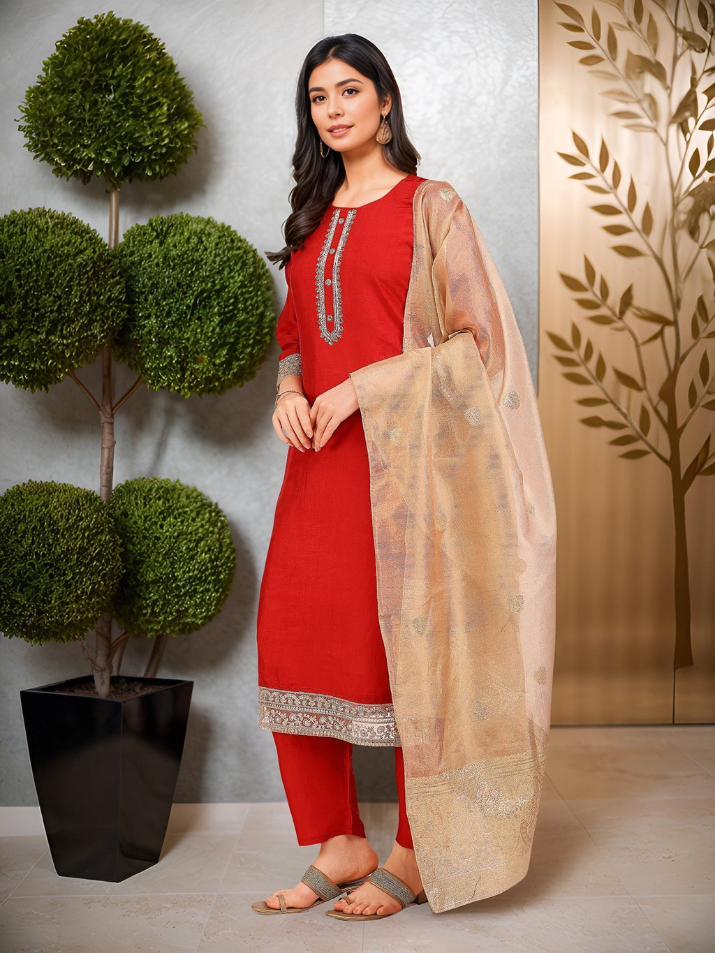 Red Embroidered Kurta Set — side view — Red Pure Silk women — Banwaree