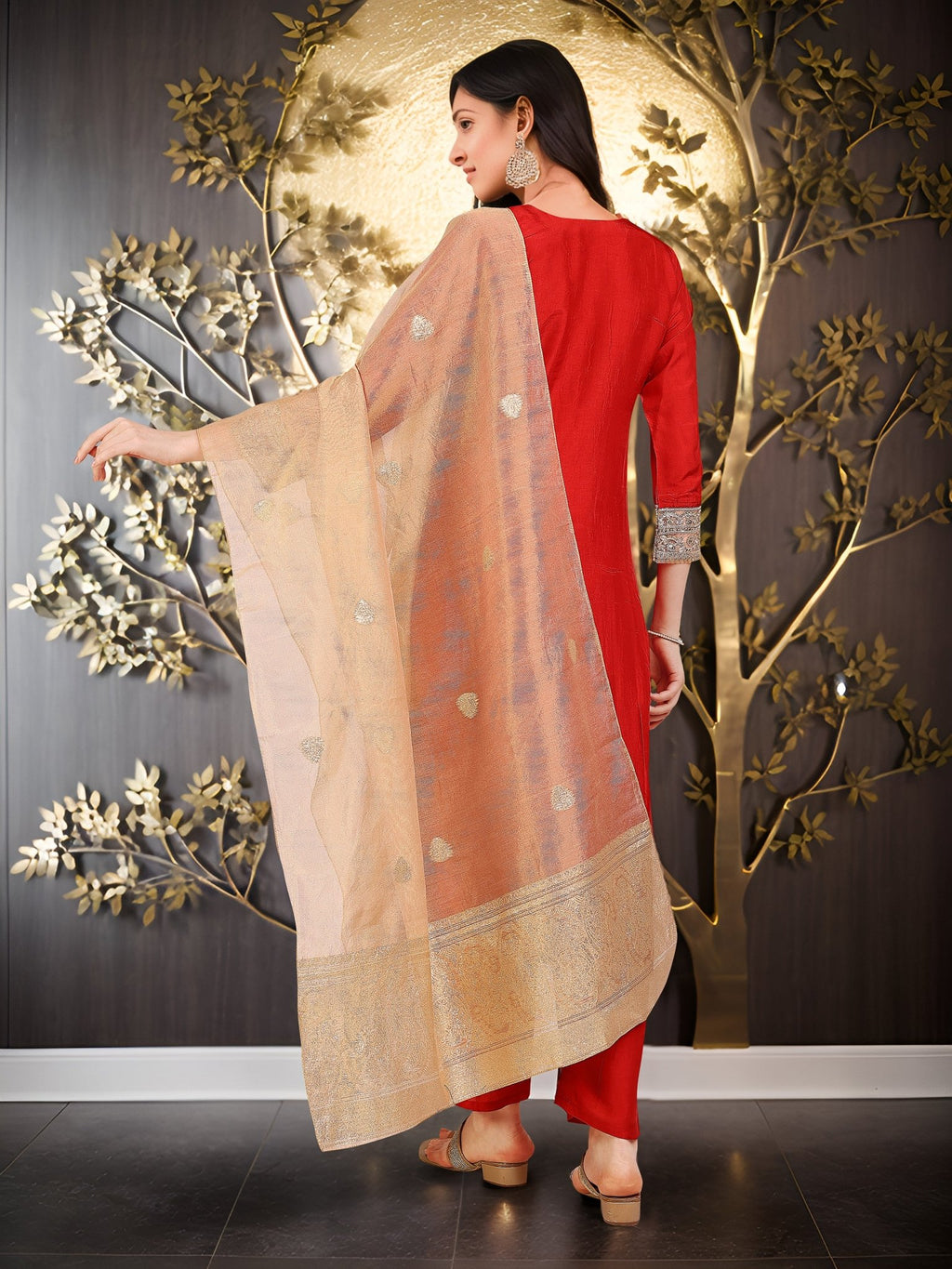 Red Embroidered Kurta Set — back view with dupatta — Banwaree India