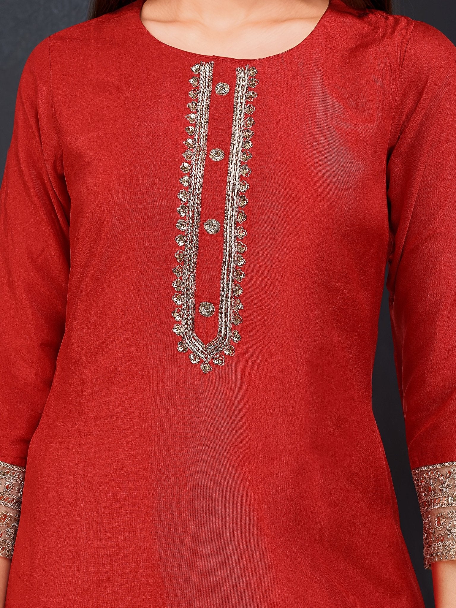 Red Embroidered Kurta Set — fabric detail — Red traditional pure silk
