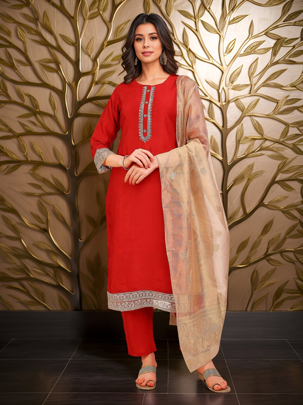 Red Embroidered Kurta Set — festive styling — rich pure silk — Banwaree
