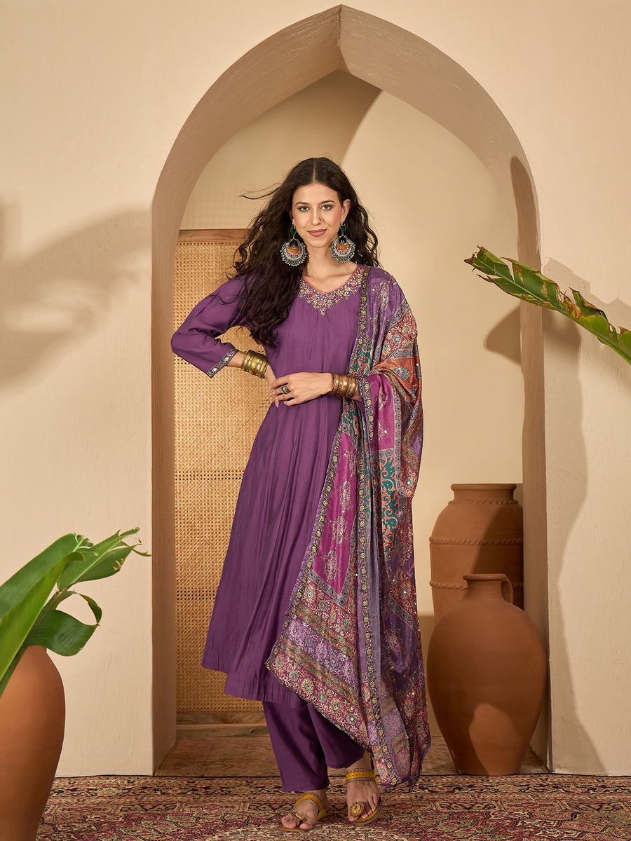 Lavender Pure Silk Yoke Neck Kurta Set for Women with Dupatta