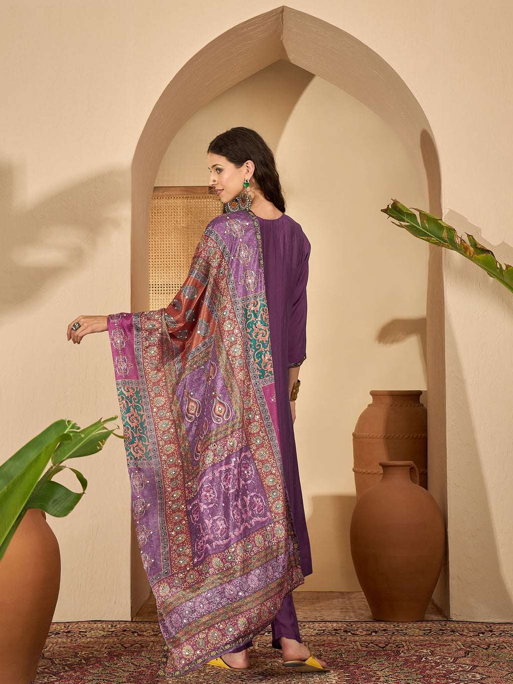 Lavender Pure Silk Yoke Neck Kurta Set — back view with dupatta — Banwaree India