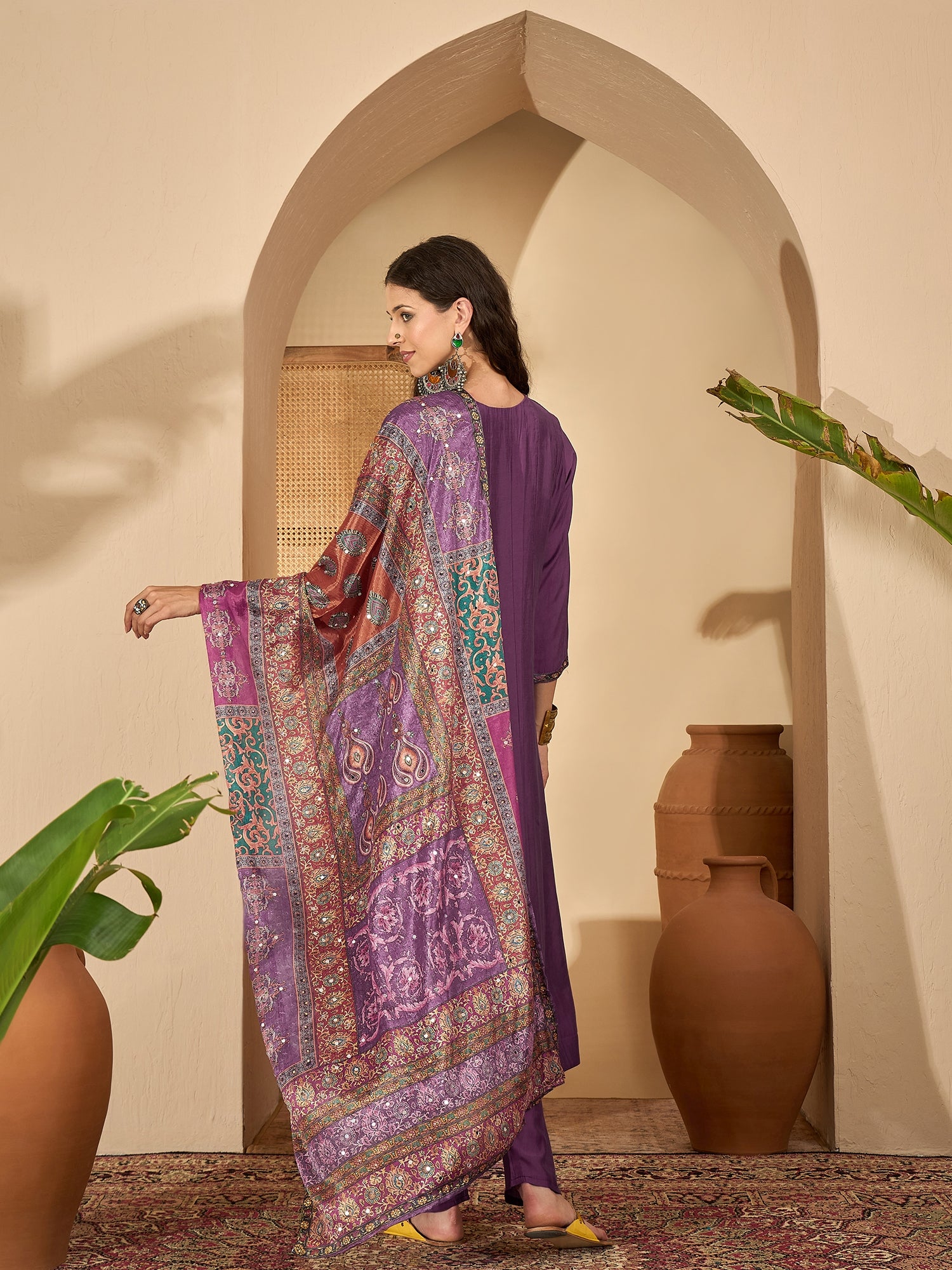 Lavender Pure Silk Yoke Neck Kurta Set — back view with dupatta — Banwaree India