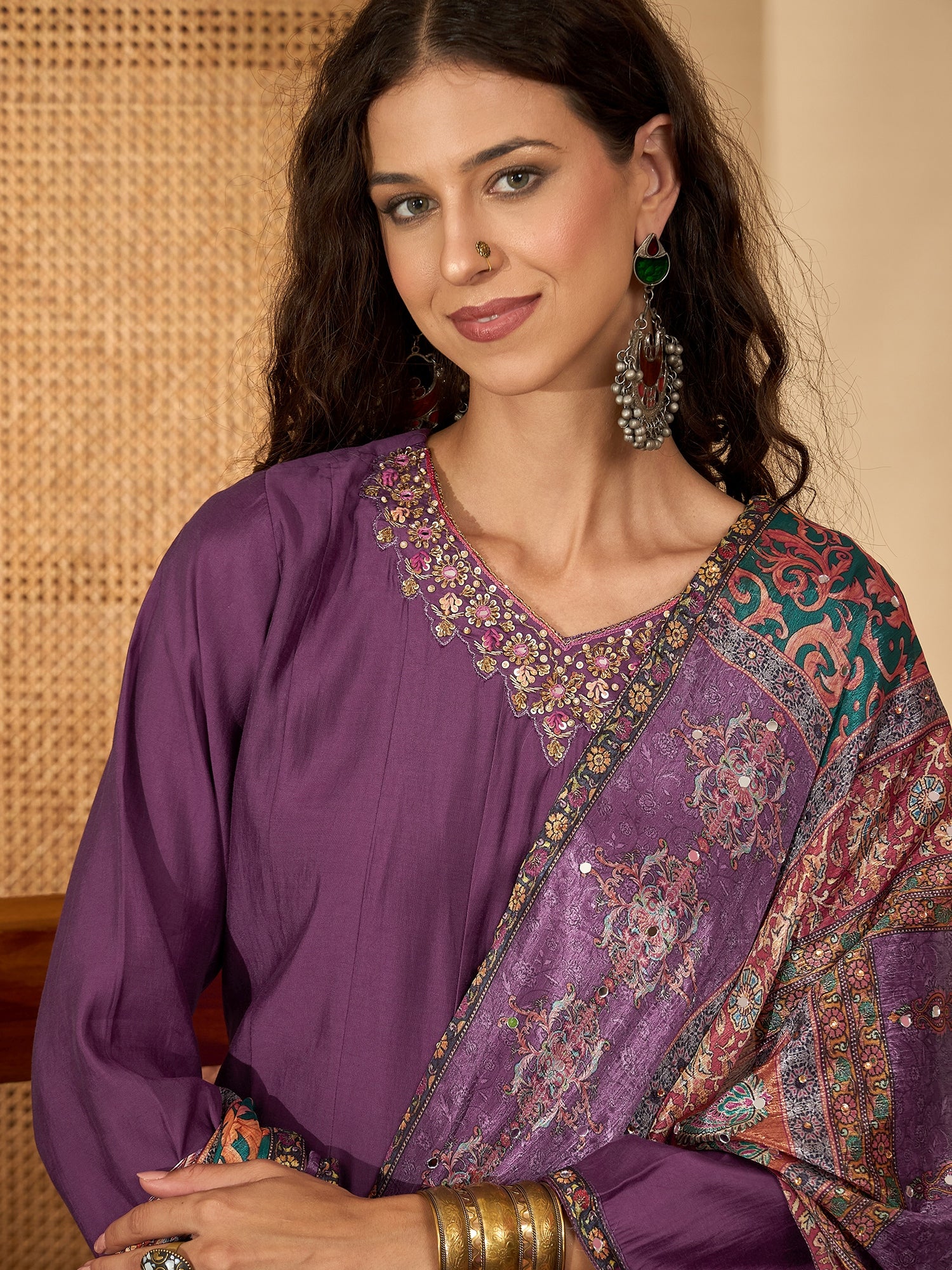 Lavender Pure Silk Yoke Neck Kurta Set — fabric detail — Lavender traditional pure silk