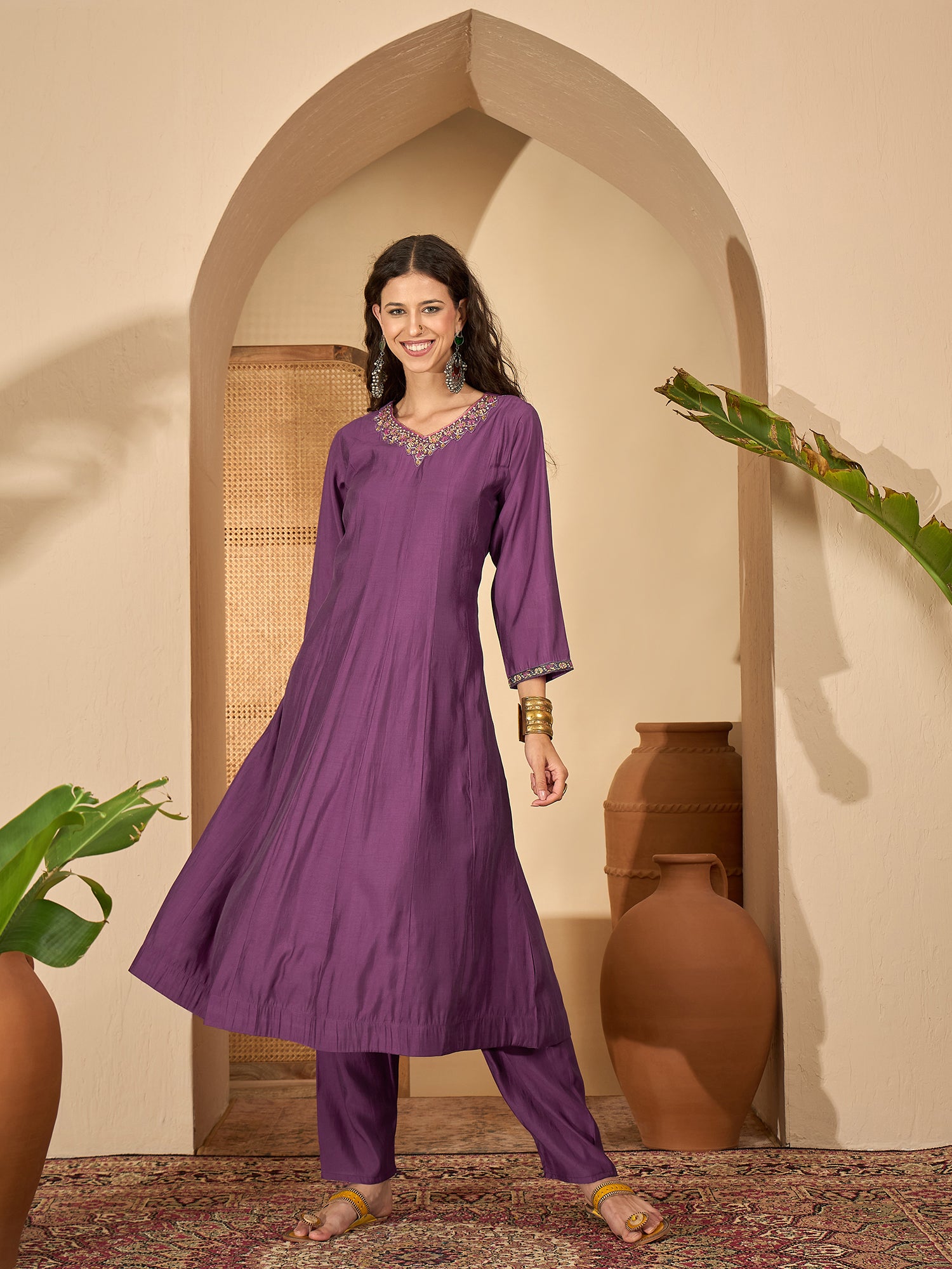 Lavender Pure Silk Yoke Neck Kurta Set — complete 3-piece set — Lavender Pure Silk