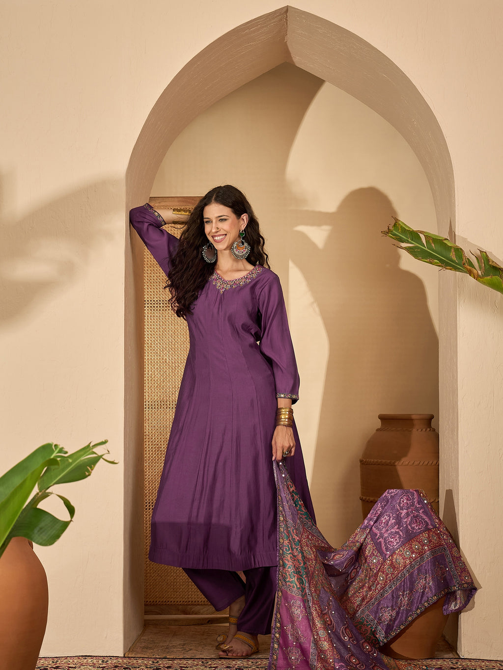 Lavender Pure Silk Yoke Neck Kurta Set — flat lay — silk kurta set party wear — Banwaree India