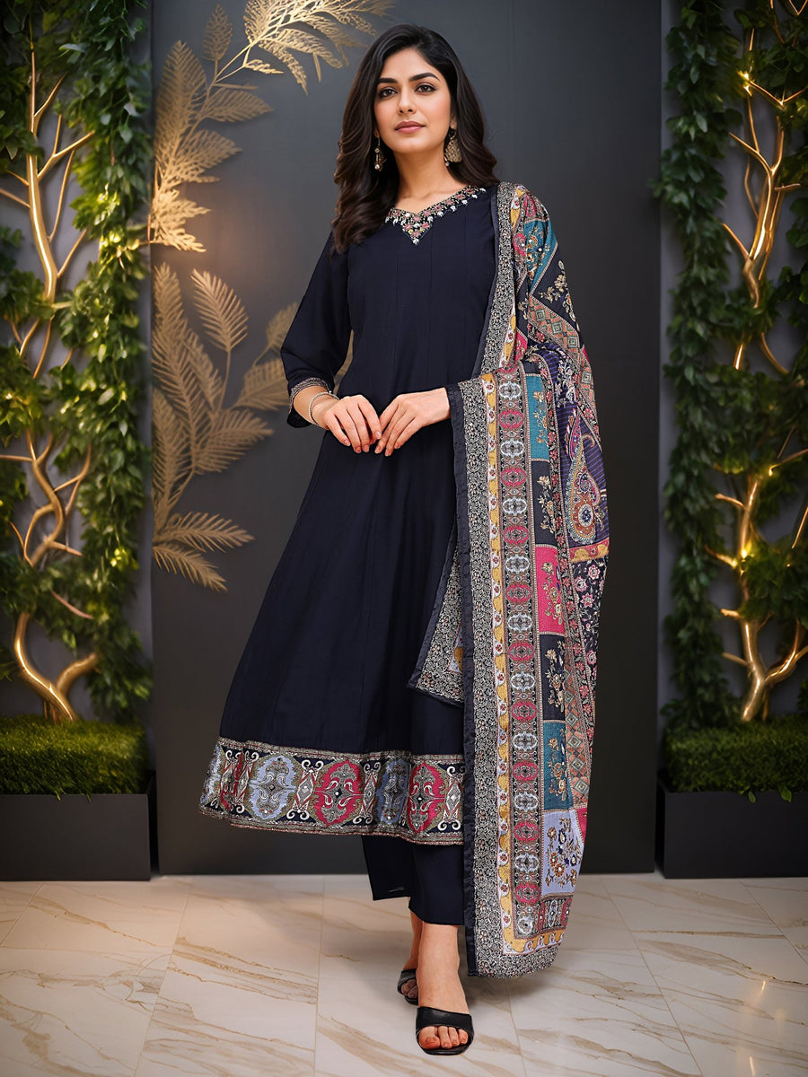 Navy Blue Pure Silk Embroidered Ethnic Kurta Set for Women