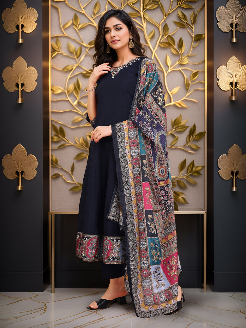 Navy Blue Pure Silk Embroidered Ethnic Kurta Set — side view — Blue Pure Silk women — Banwaree