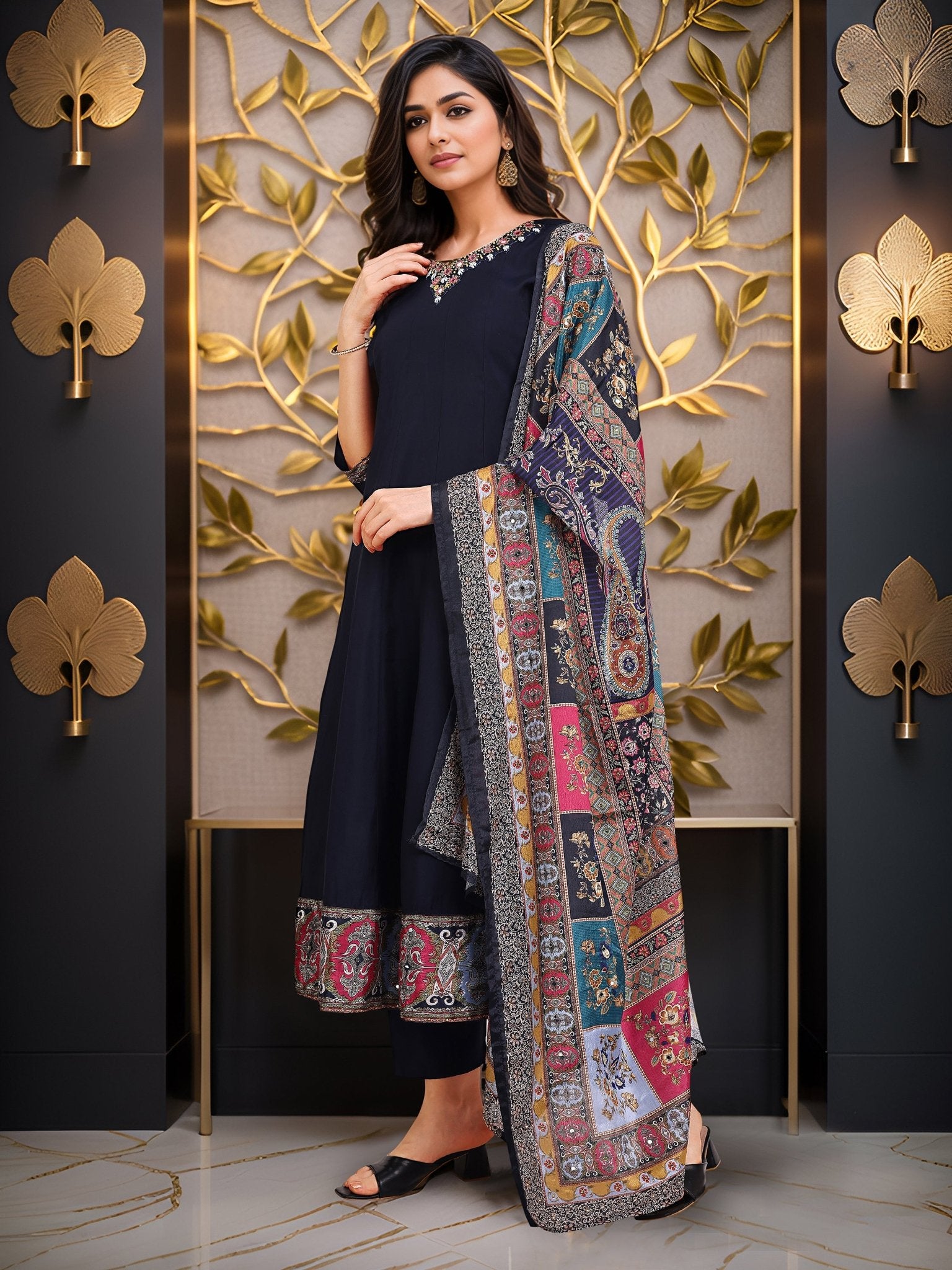 Navy Blue Pure Silk Embroidered Ethnic Kurta Set — side view — Blue Pure Silk women — Banwaree