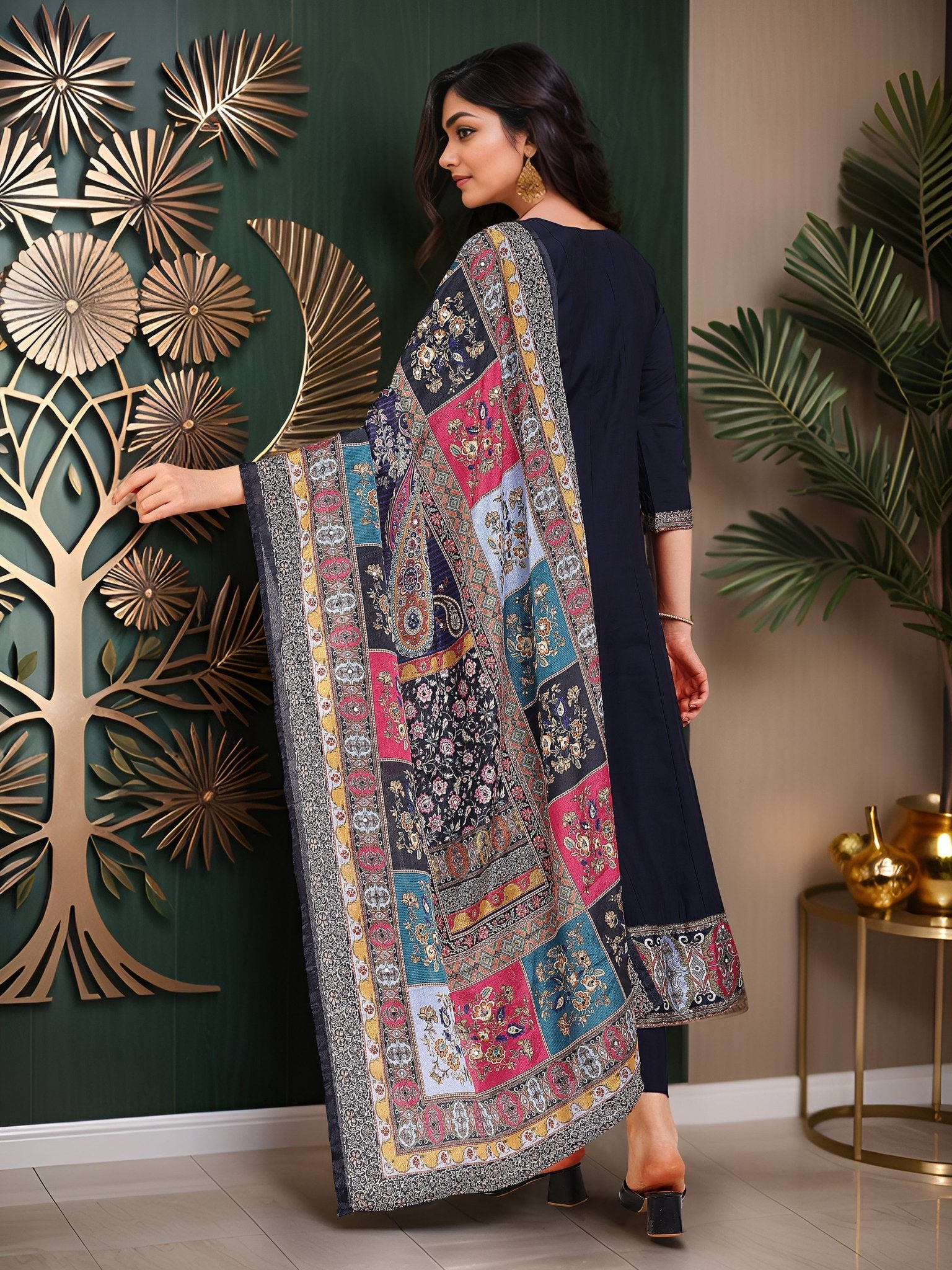 Navy Blue Pure Silk Embroidered Ethnic Kurta Set — back view with dupatta — Banwaree India