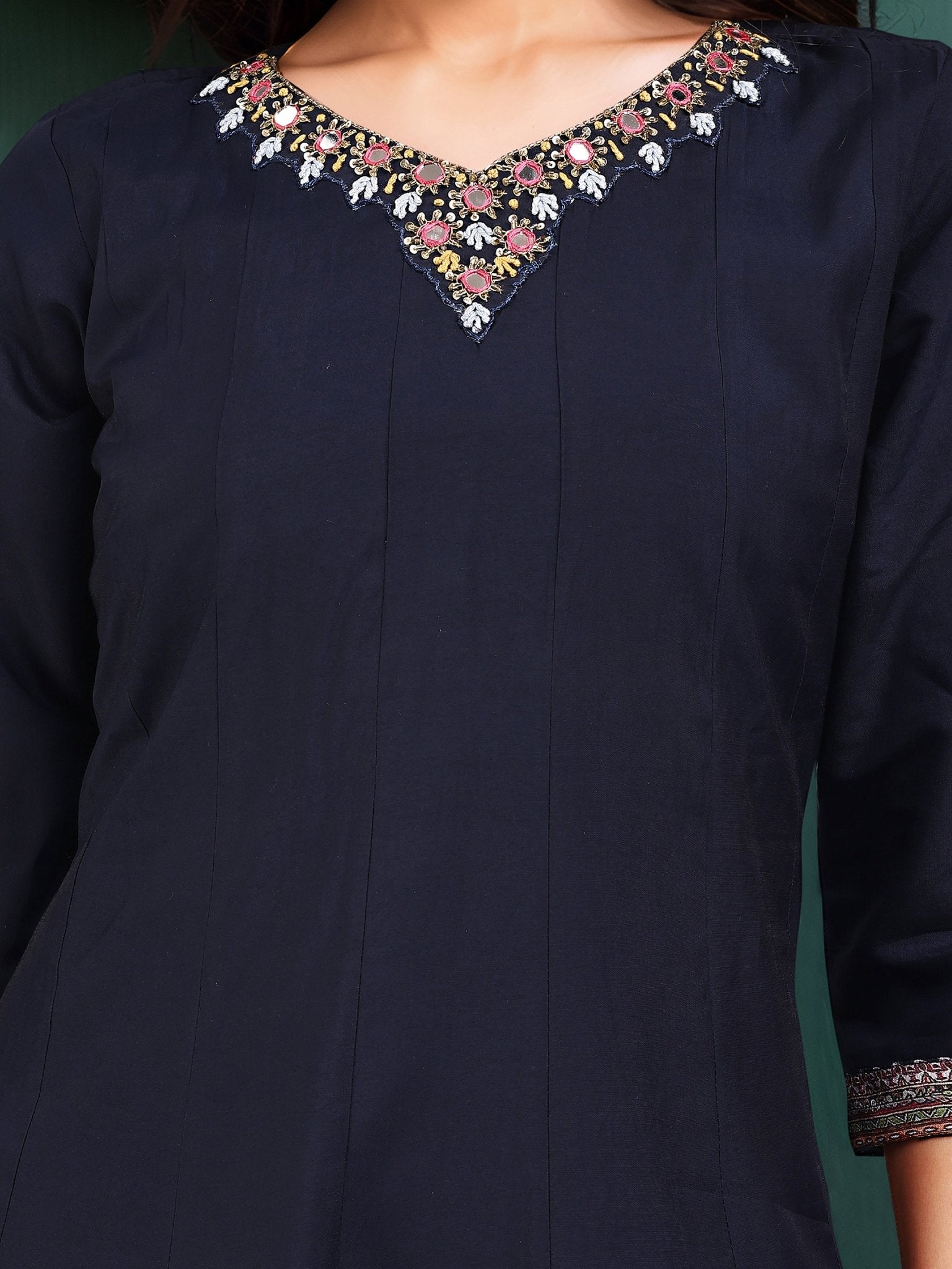 Navy Blue Pure Silk Embroidered Ethnic Kurta Set — fabric detail — Blue traditional pure silk