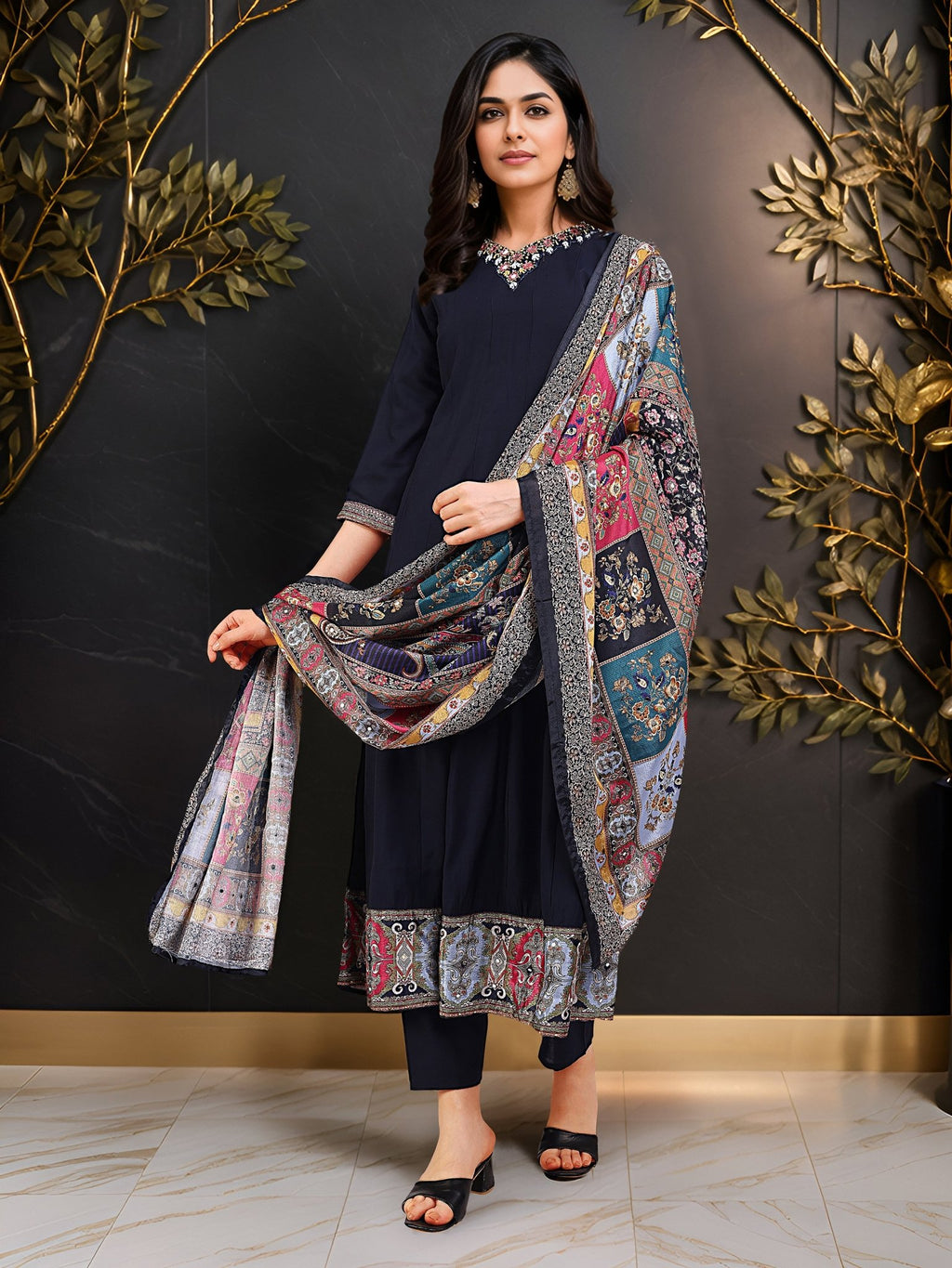 Navy Blue Pure Silk Embroidered Ethnic Kurta Set — everyday styling — rich pure silk — Banwaree