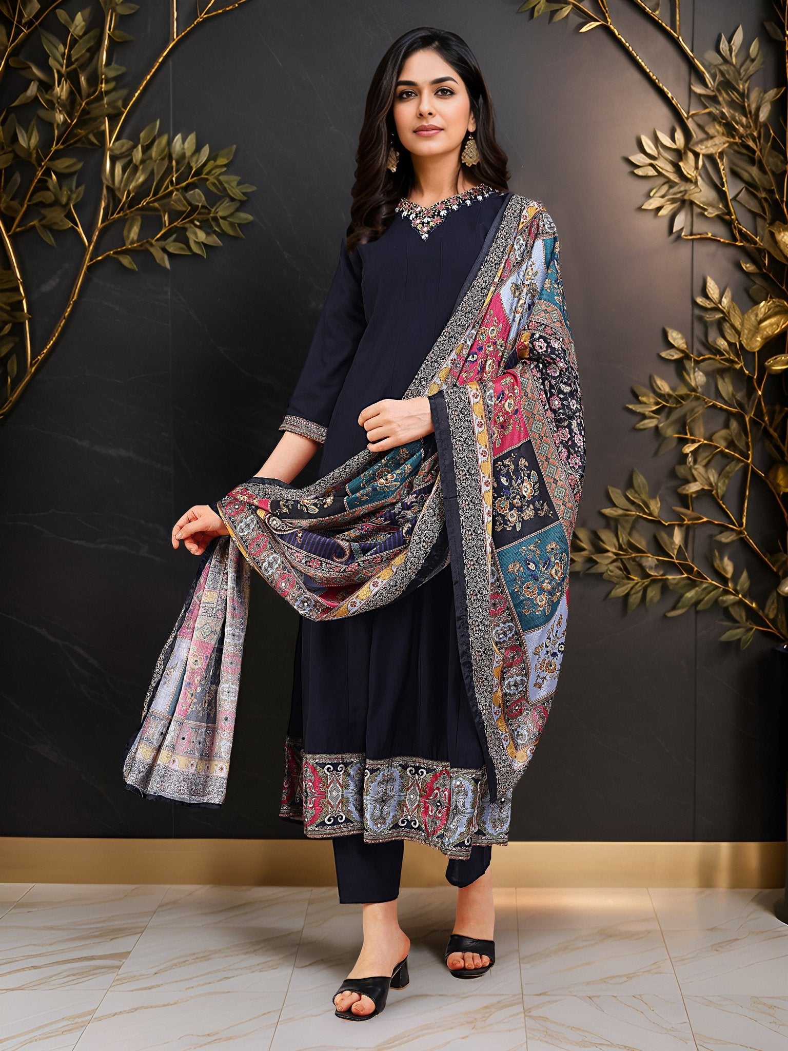 Navy Blue Pure Silk Embroidered Ethnic Kurta Set — everyday styling — rich pure silk — Banwaree