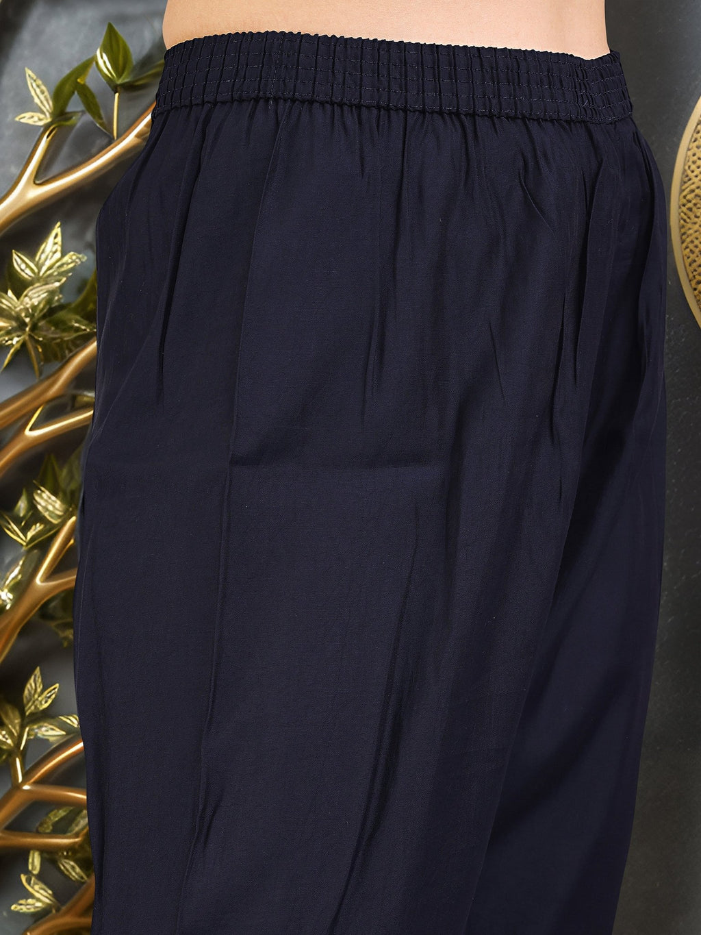 Navy Blue Pure Silk Embroidered Ethnic Kurta Set — complete 3-piece set — Blue Pure Silk