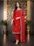 Red Silk Blend Embroidered Kurta Set — front view — festive silk kurti with dupatta
