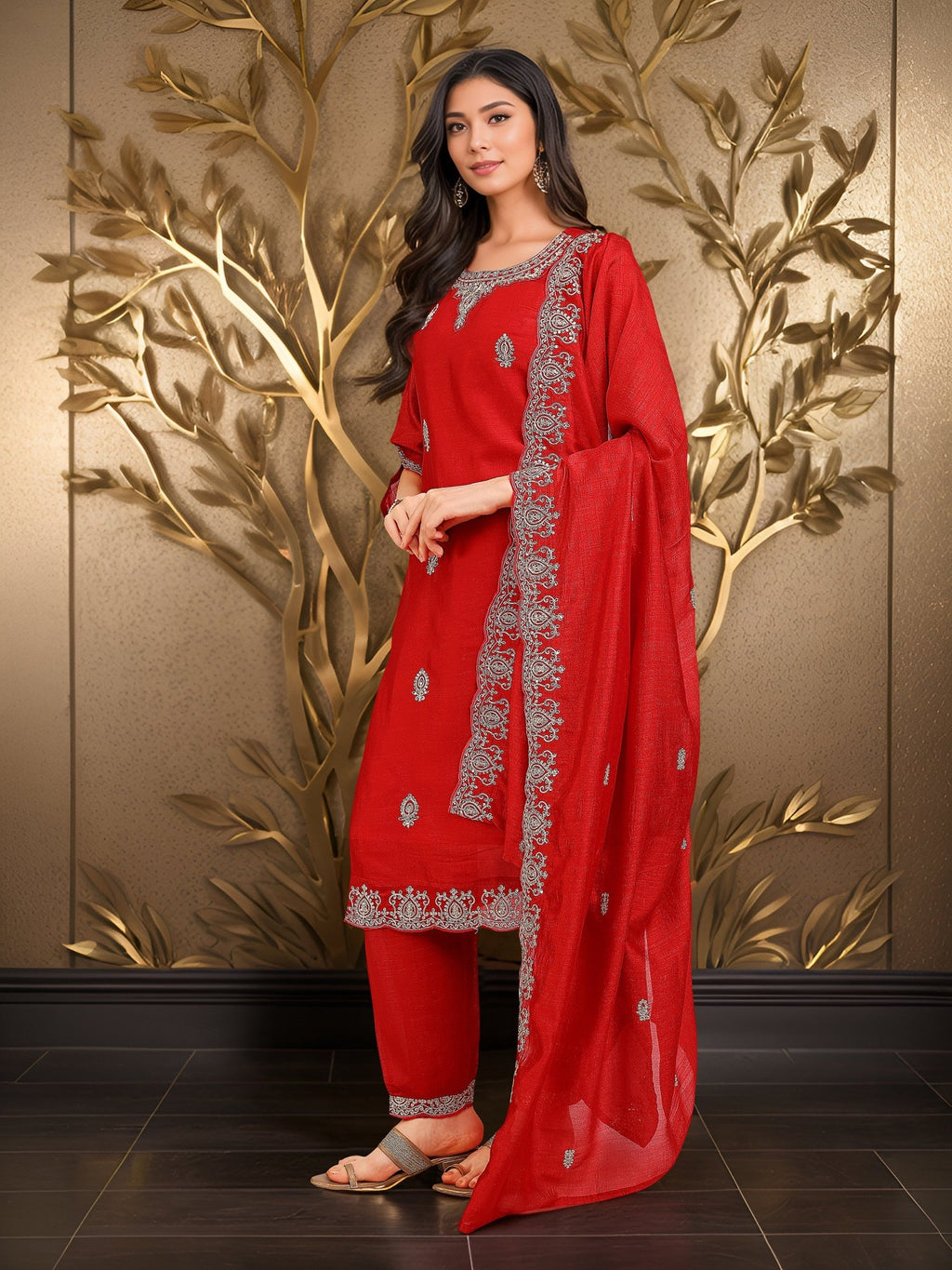 Red Silk Blend Embroidered Kurta Set — side view — Red Silk Blend women — Banwaree