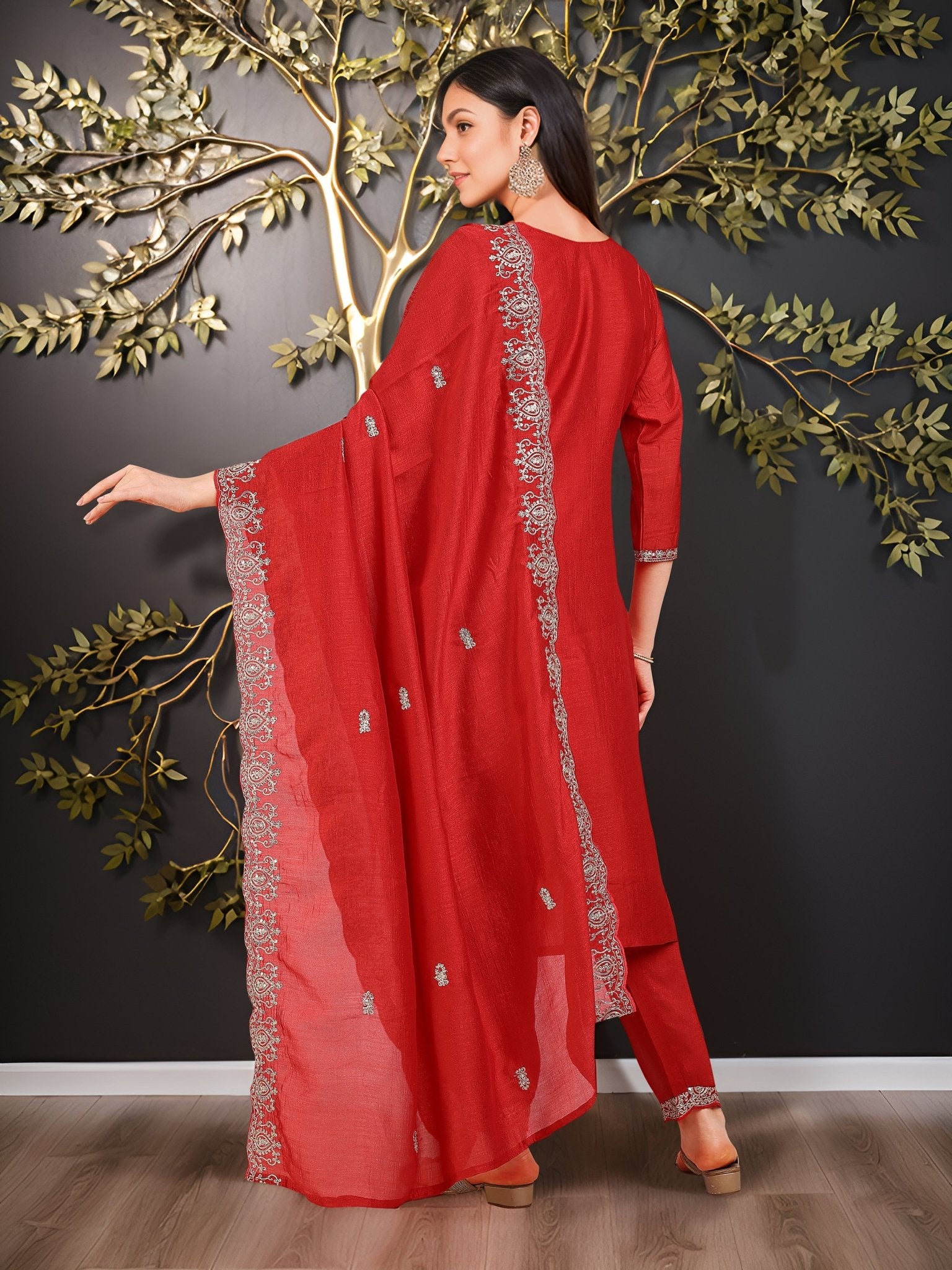 Red Silk Blend Embroidered Kurta Set — back view with dupatta — Banwaree India