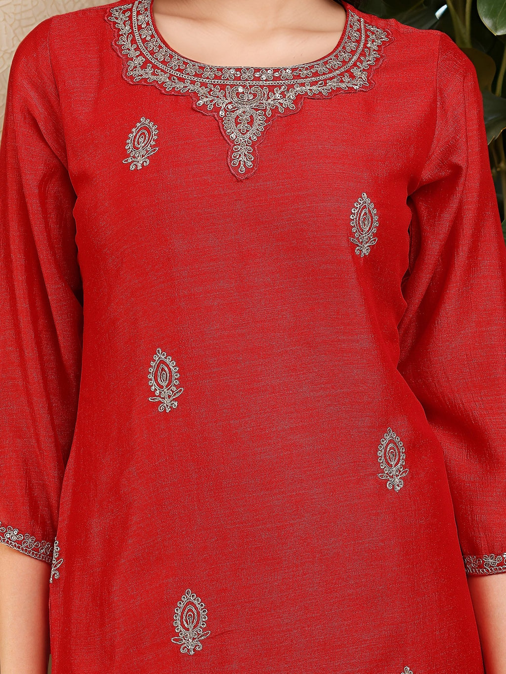 Red Silk Blend Embroidered Kurta Set — fabric detail — Red premium silk blend