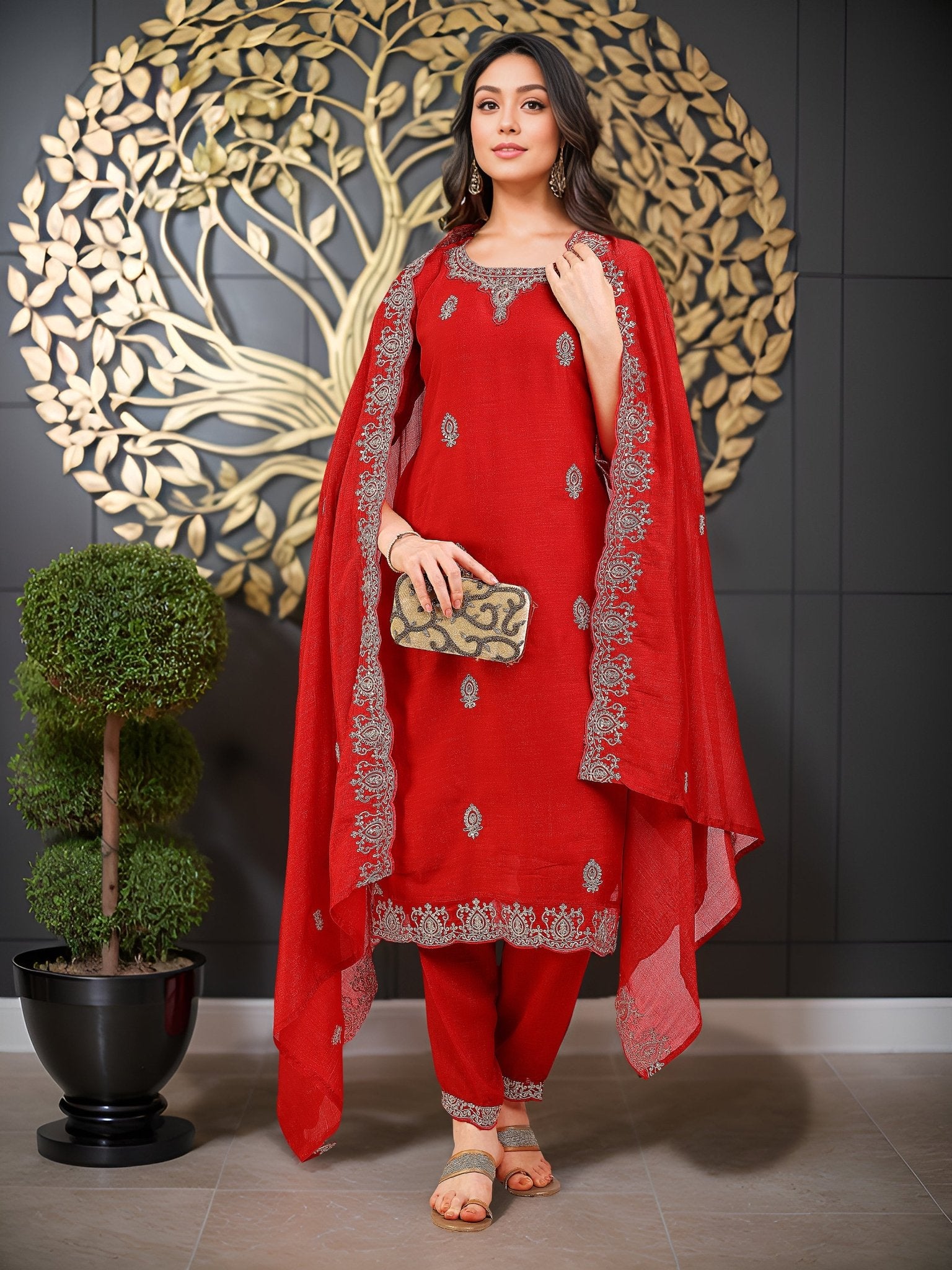 Red Silk Blend Embroidered Kurta Set — festive styling — graceful silk blend — Banwaree