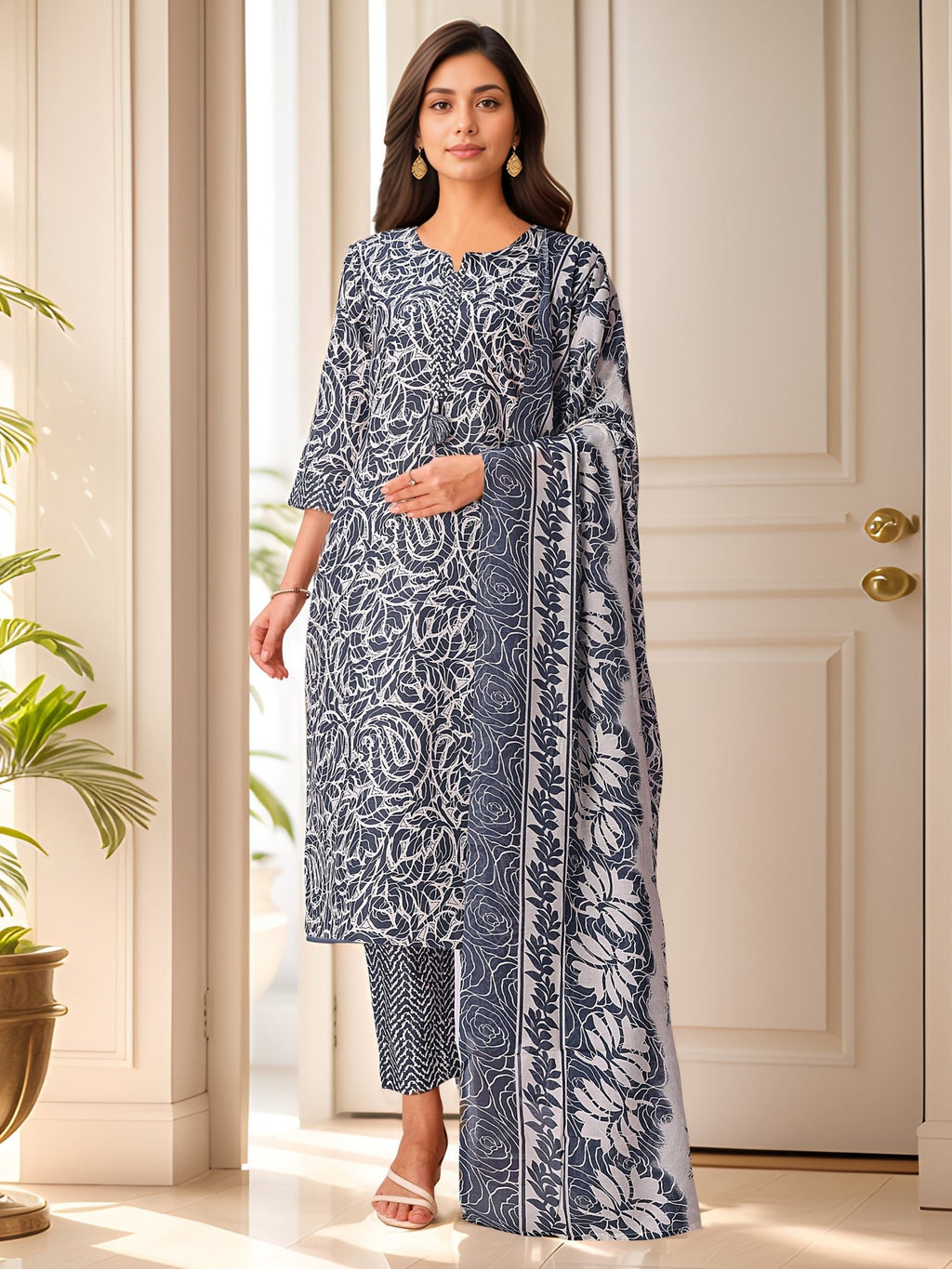 Grey Indian Kurta Set — front view — pure cotton ethnic wear women 2