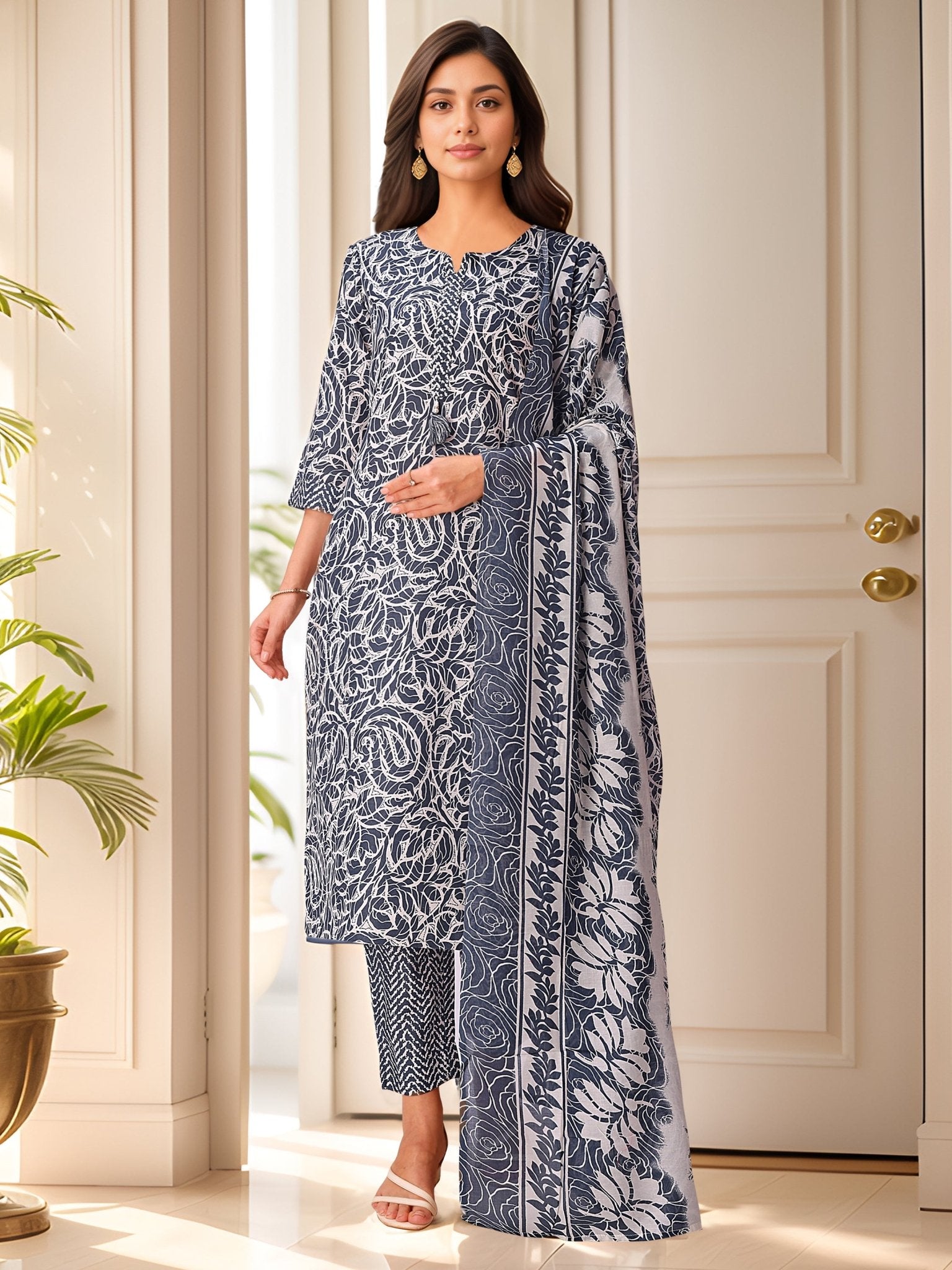 Grey Indian Kurta Set — front view — pure cotton ethnic wear women 2