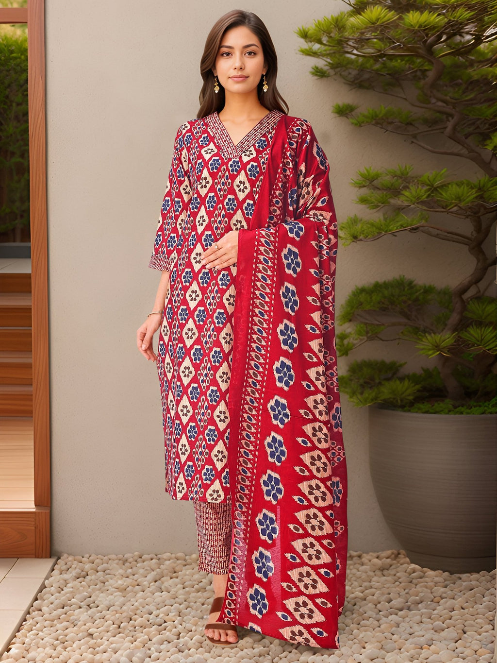Maroon Kurta Set with Printed Dupatta — front view — pure cotton ethnic wear women