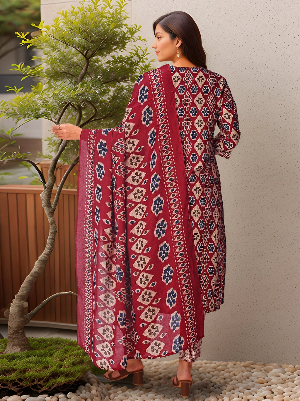 Maroon Kurta Set with Printed Dupatta — side view — Maroon Cotton Blend women — Banwaree