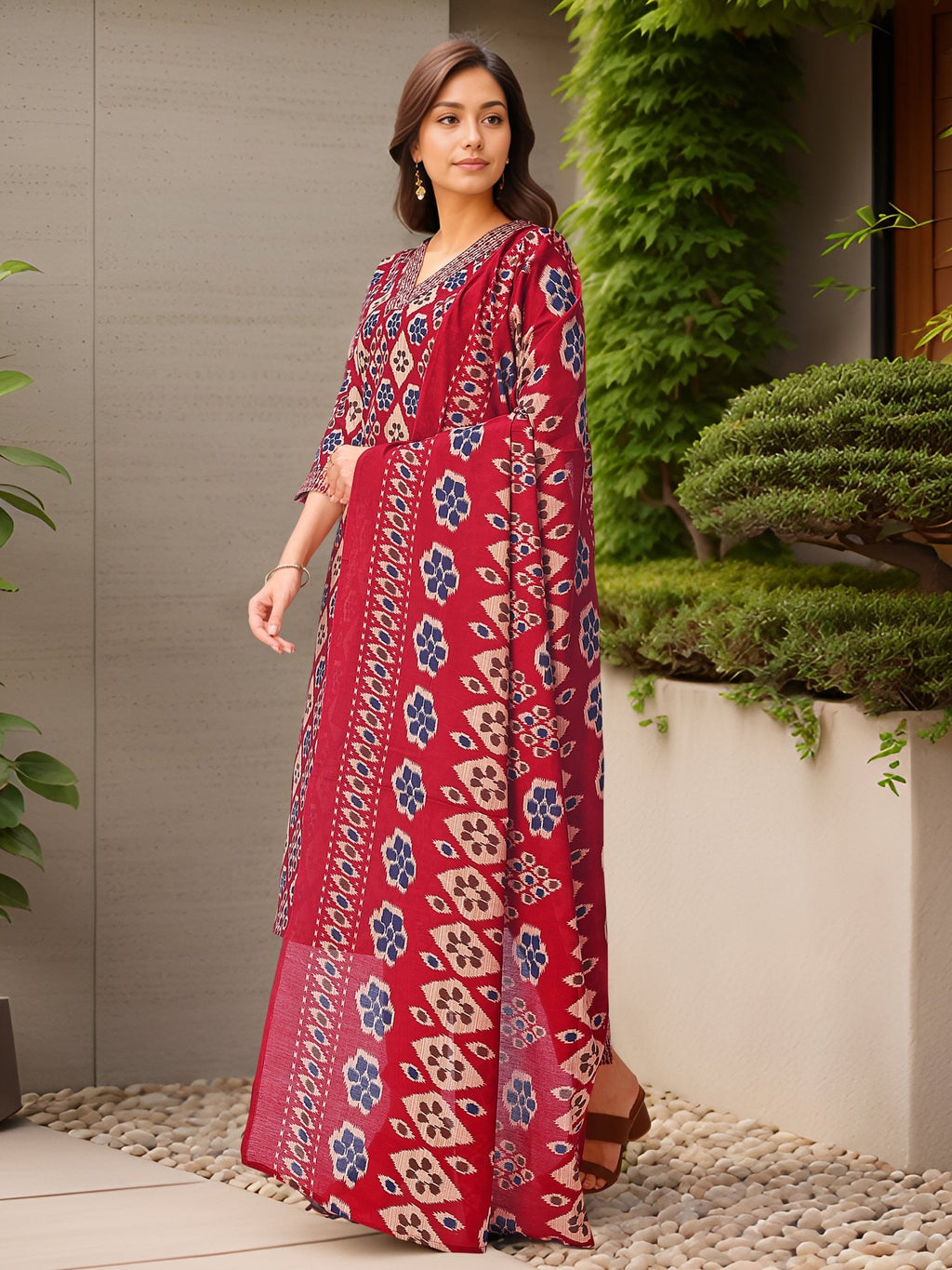 Maroon Kurta Set with Printed Dupatta — back view with dupatta — Banwaree India