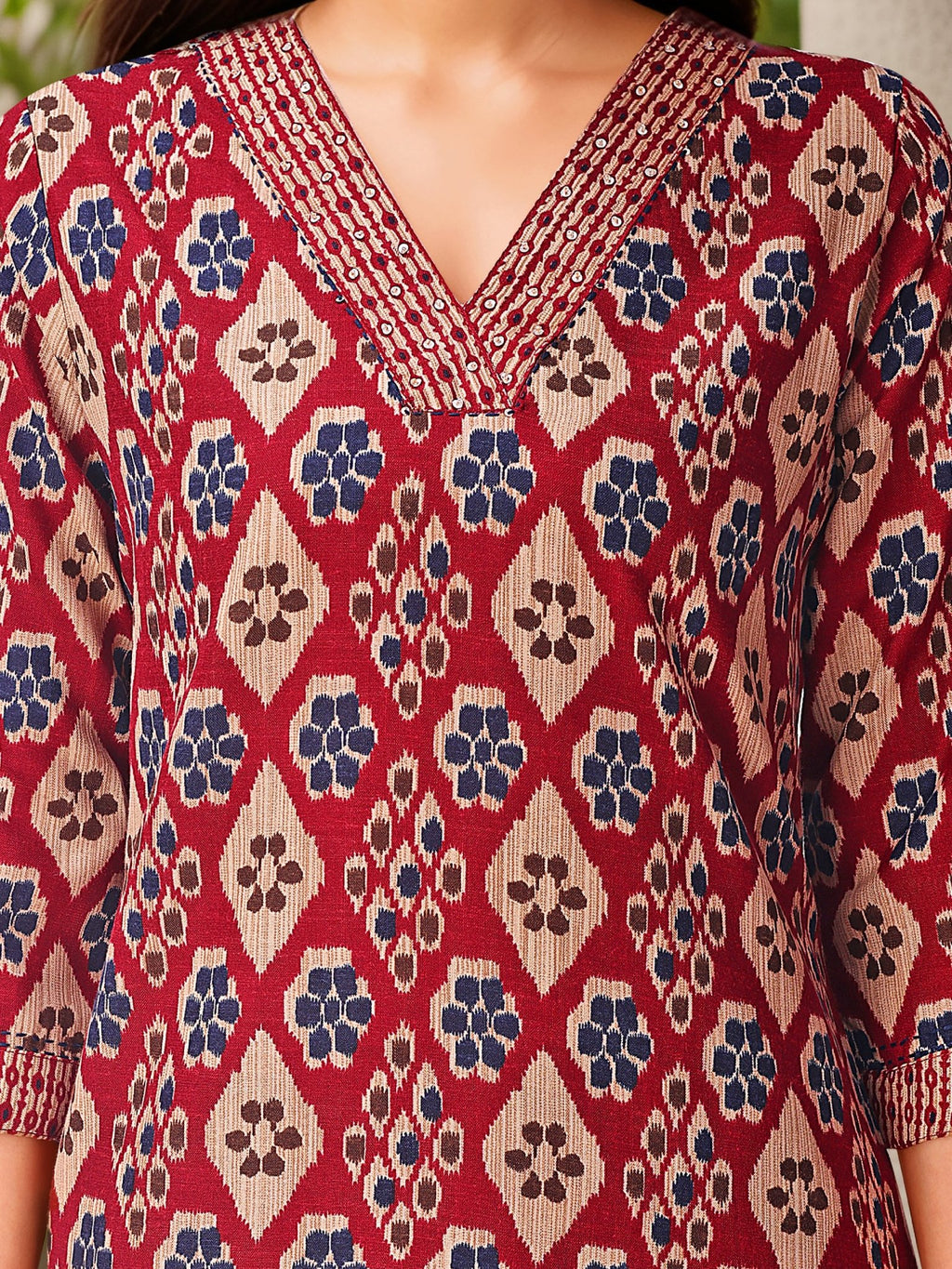 Maroon Kurta Set with Printed Dupatta — fabric detail — Maroon breathable cotton blend