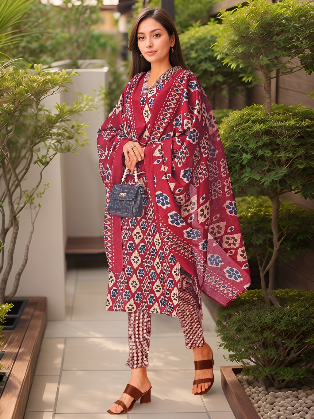 Maroon Kurta Set with Printed Dupatta — festive styling — casual cotton blend — Banwaree