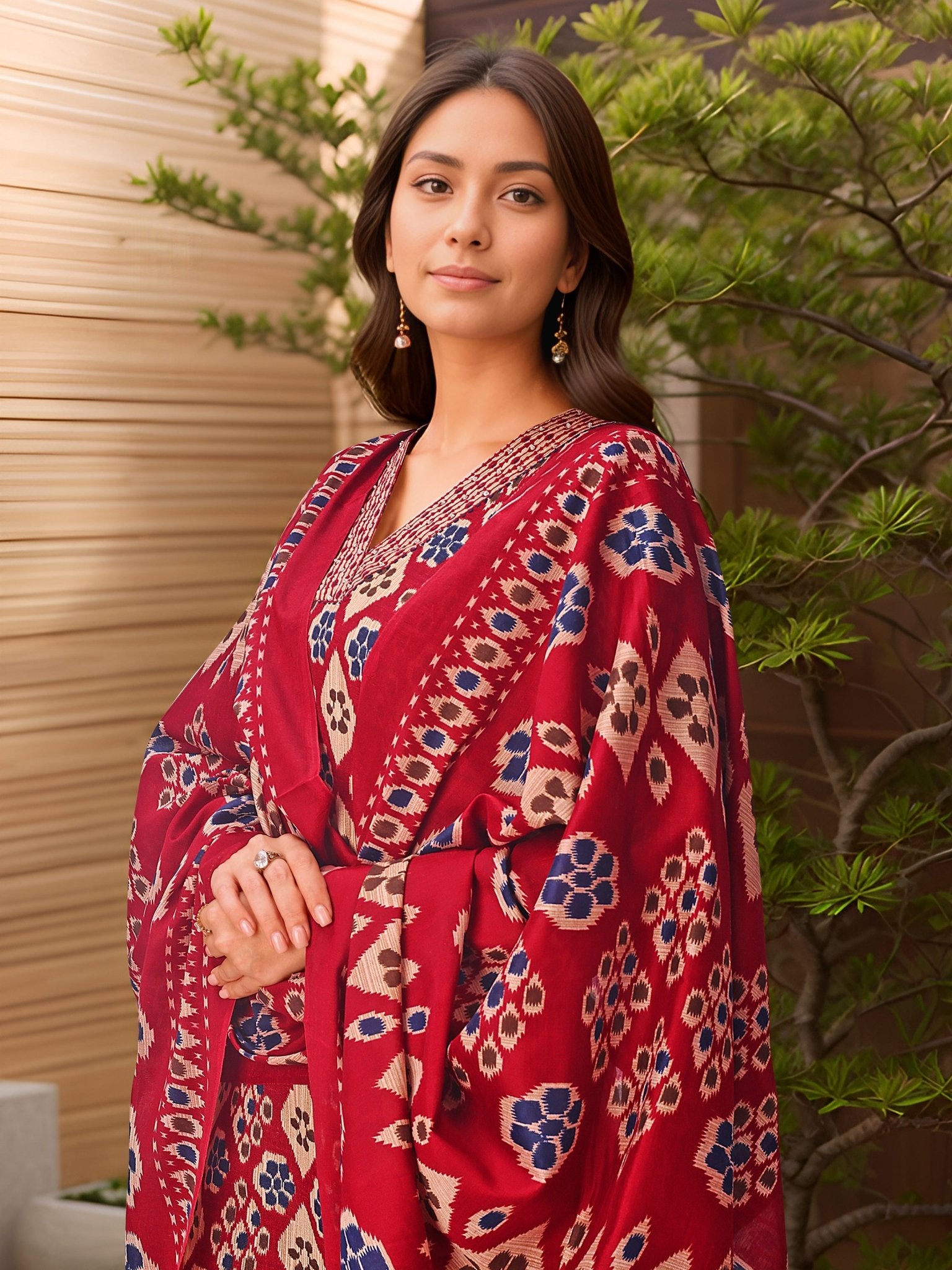 Maroon Kurta Set with Printed Dupatta — dupatta close up — Maroon Cotton Blend — Banwaree