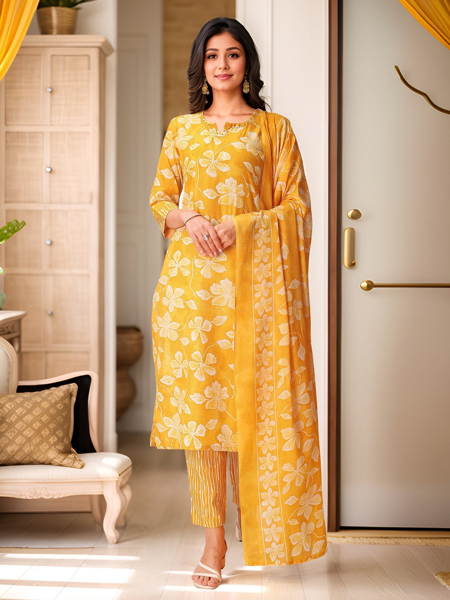 Yellow Pure Cotton Festive Kurta Set — front view — pure cotton ethnic wear women