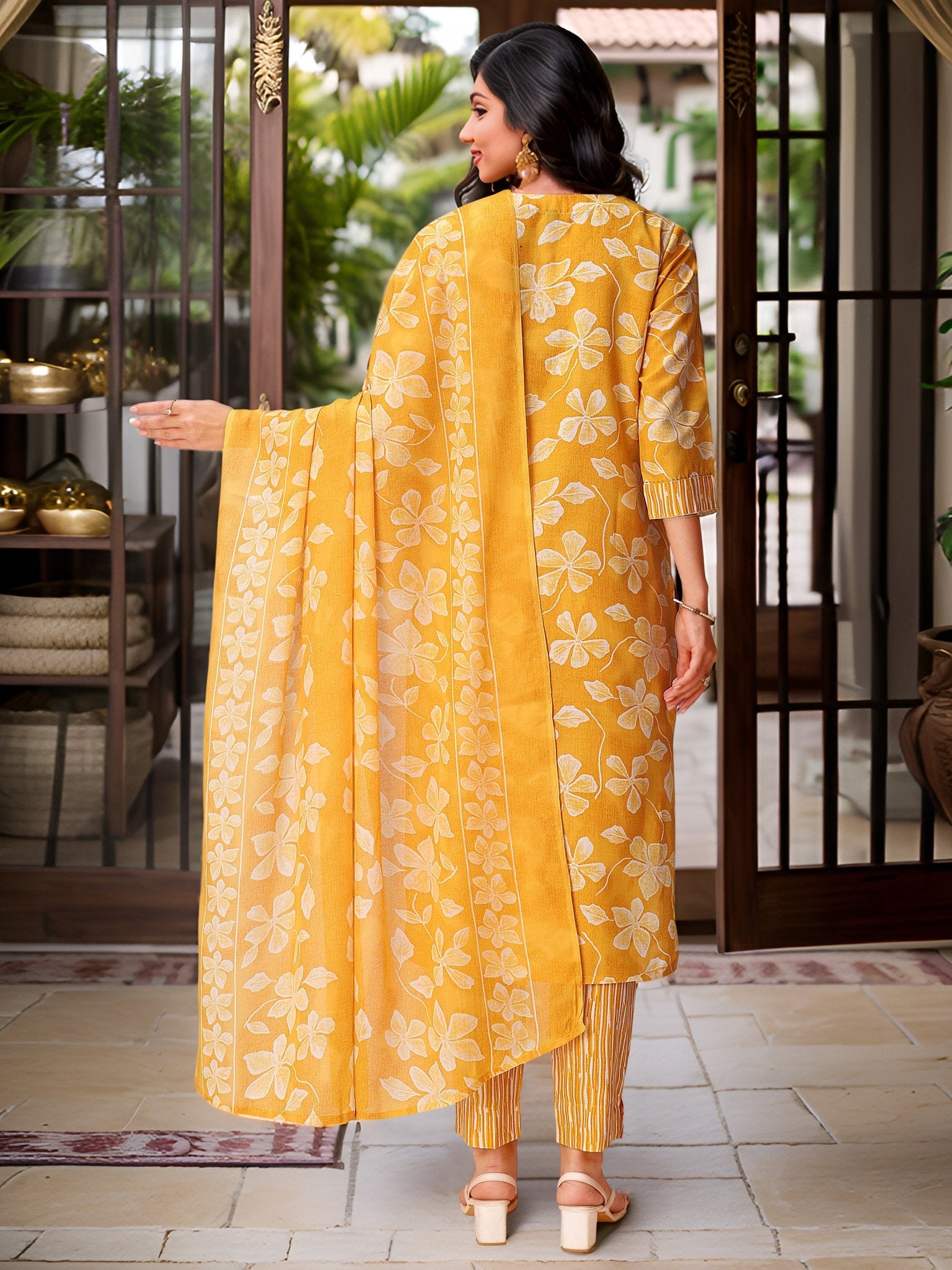 Yellow Pure Cotton Festive Kurta Set — side view — Yellow Pure Cotton women — Banwaree